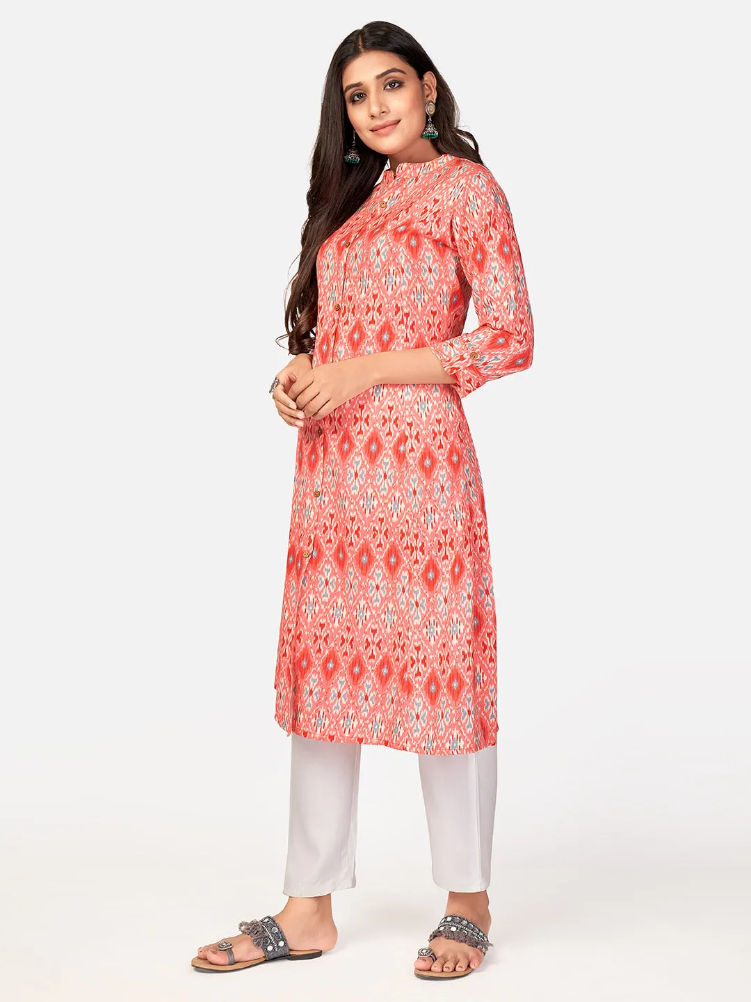 Women'S Printed A-Line Cotton Coral Kurta With Multiple Slit