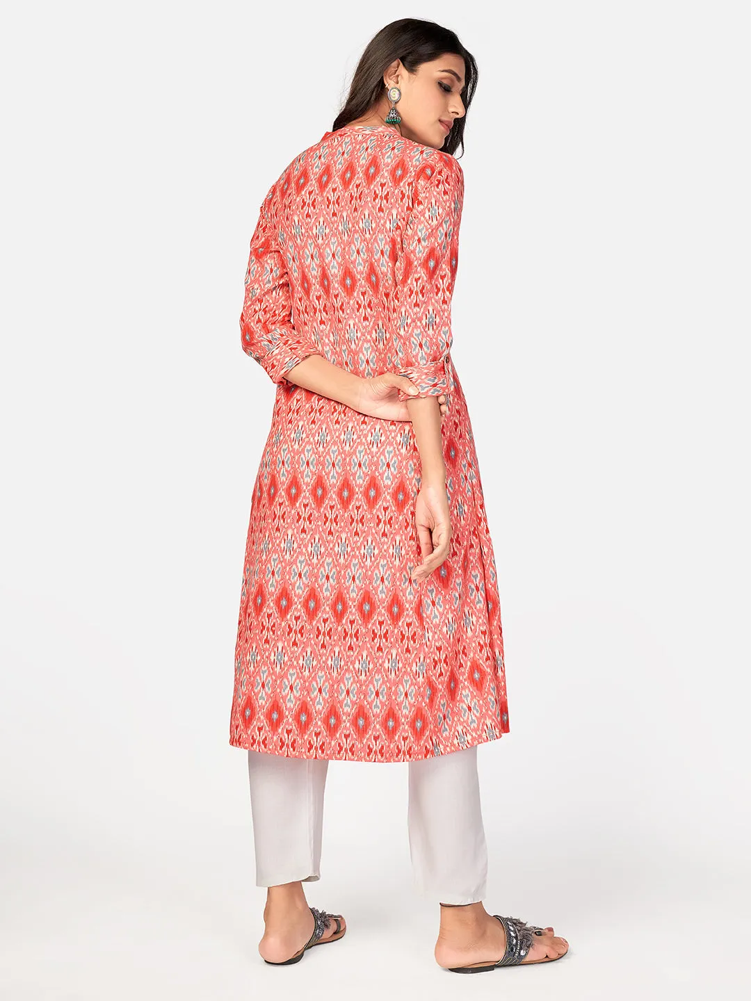 Women'S Printed A-Line Cotton Coral Kurta With Multiple Slit