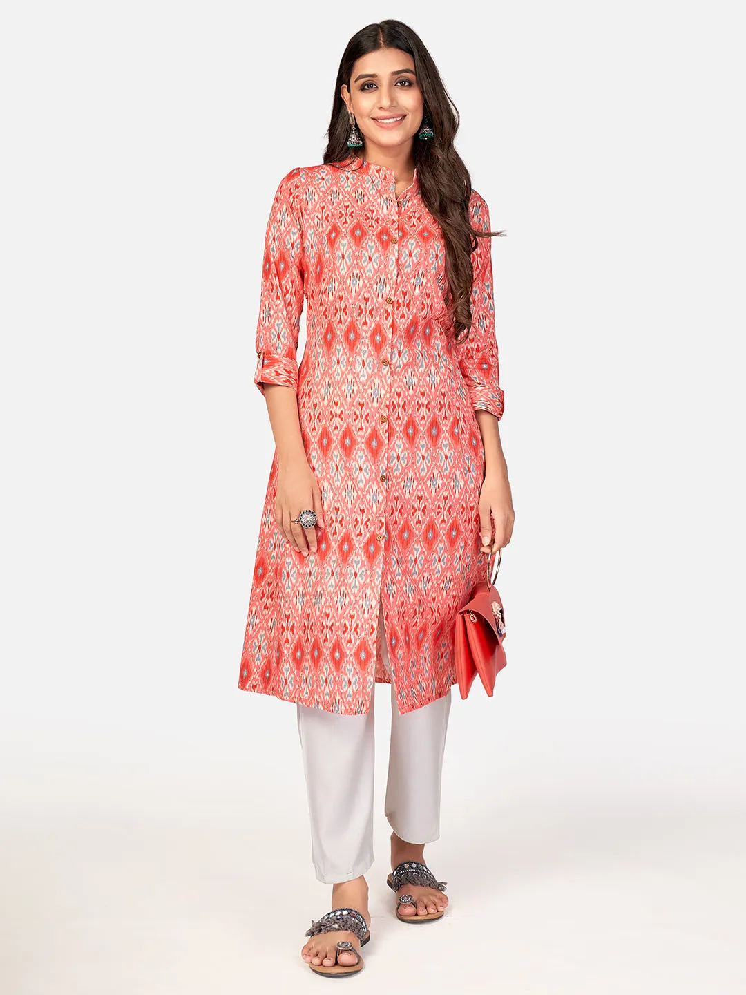 Women'S Printed A-Line Cotton Coral Kurta With Multiple Slit