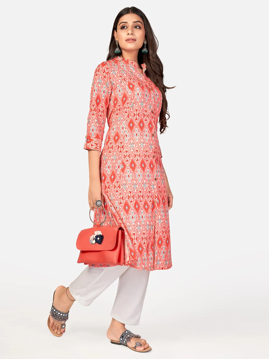 Women'S Printed A-Line Cotton Coral Kurta With Multiple Slit