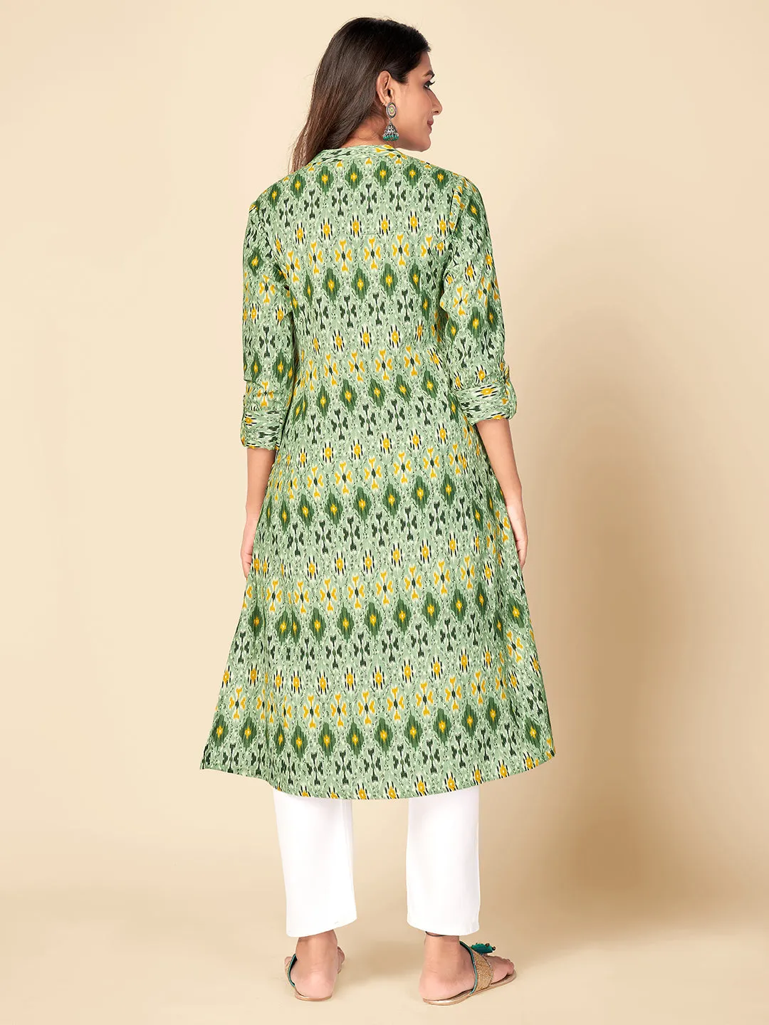 Women'S Printed A-Line Cotton Green Kurta With Multiple Slit