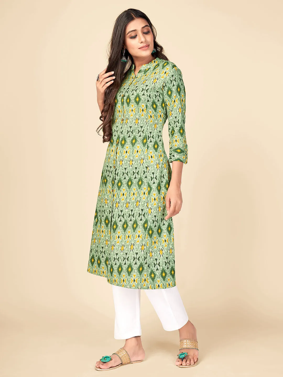 Women'S Printed A-Line Cotton Green Kurta With Multiple Slit