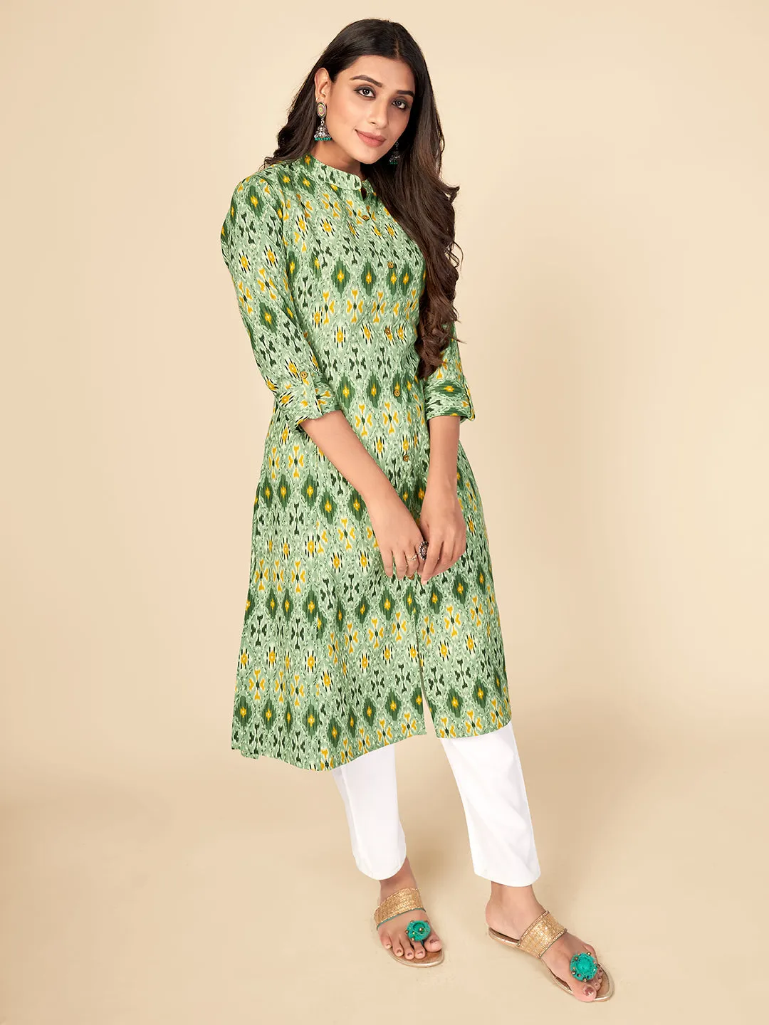 Women'S Printed A-Line Cotton Green Kurta With Multiple Slit