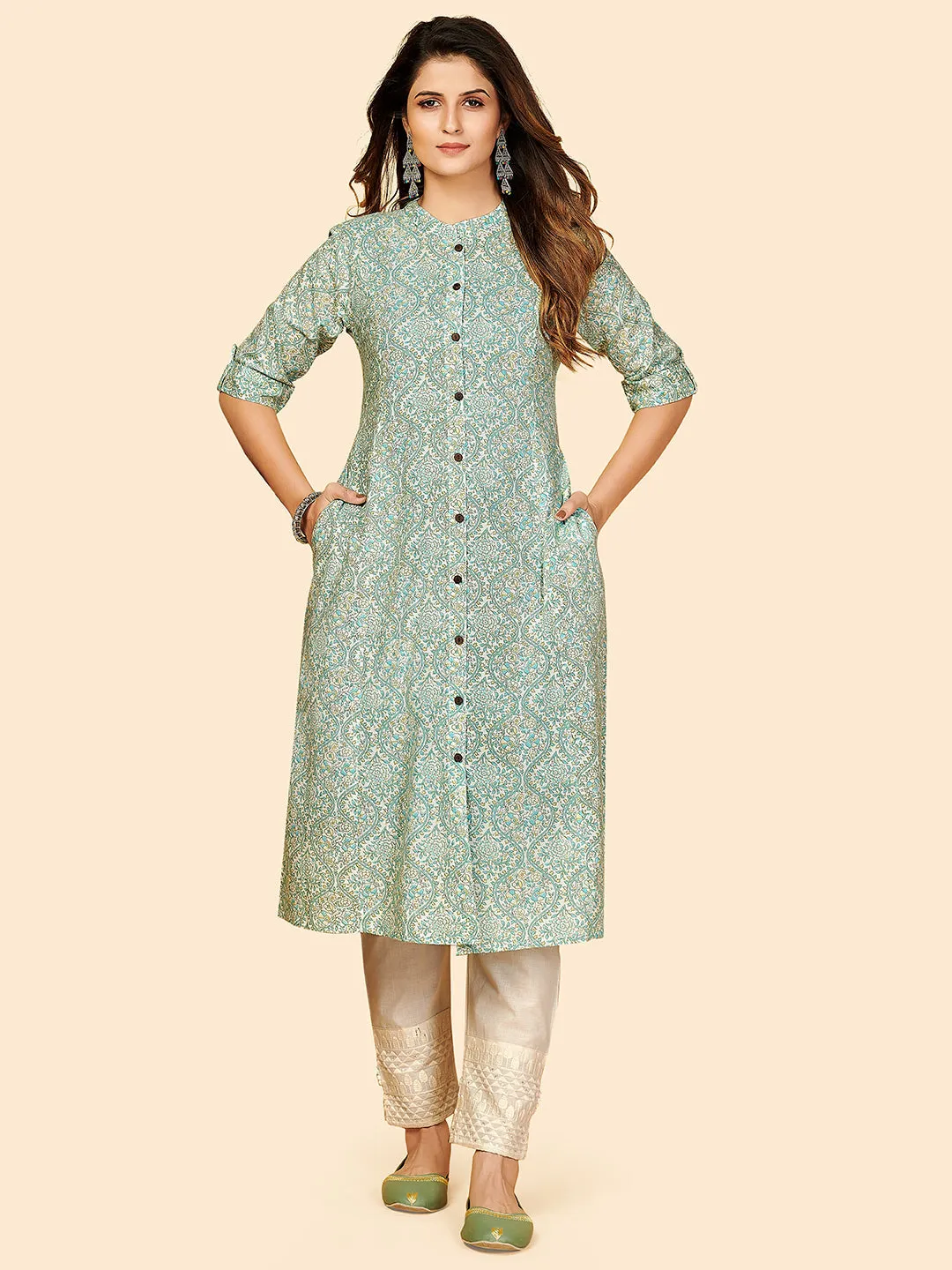 Women'S Printed A-Line Cotton Sky Blue Stitched Kurta