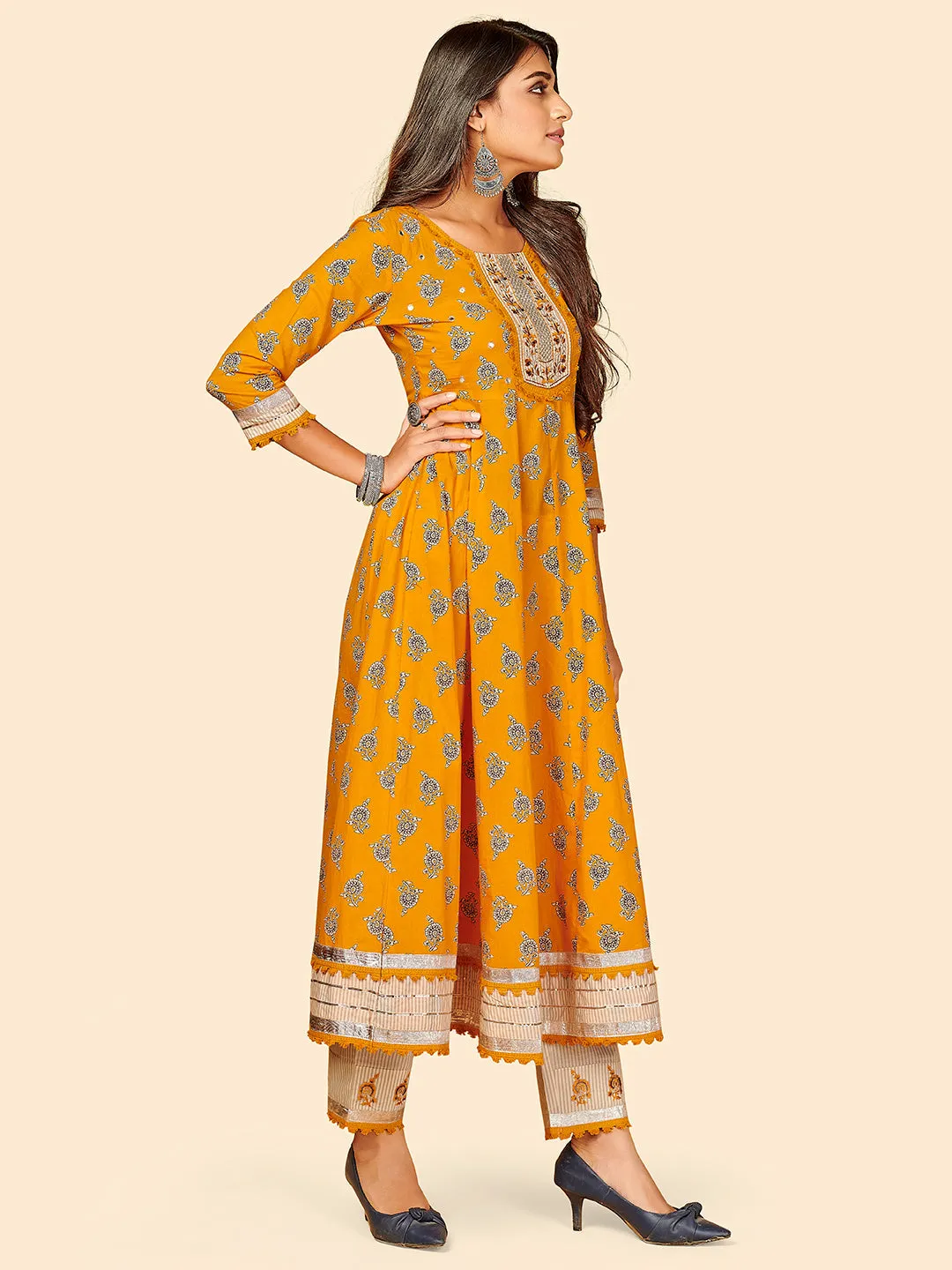 Women'S Printed & Embroidered Anarkali Cotton Yellow Stitched Kurta Pant With Dupatta