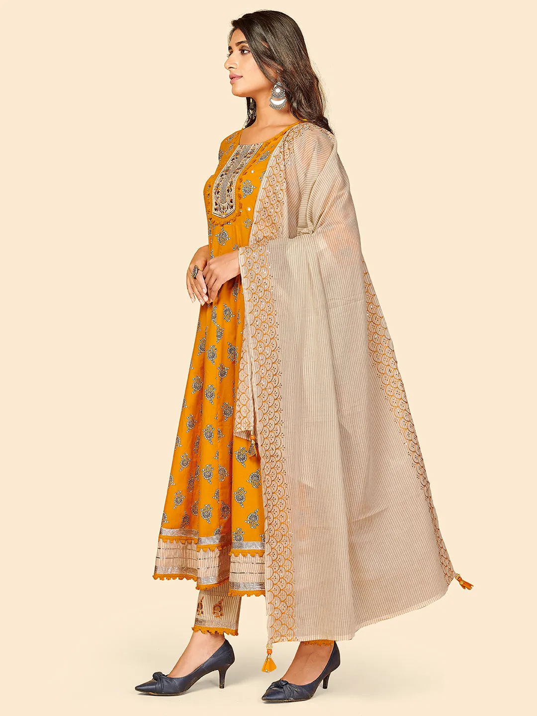 Women'S Printed & Embroidered Anarkali Cotton Yellow Stitched Kurta Pant With Dupatta