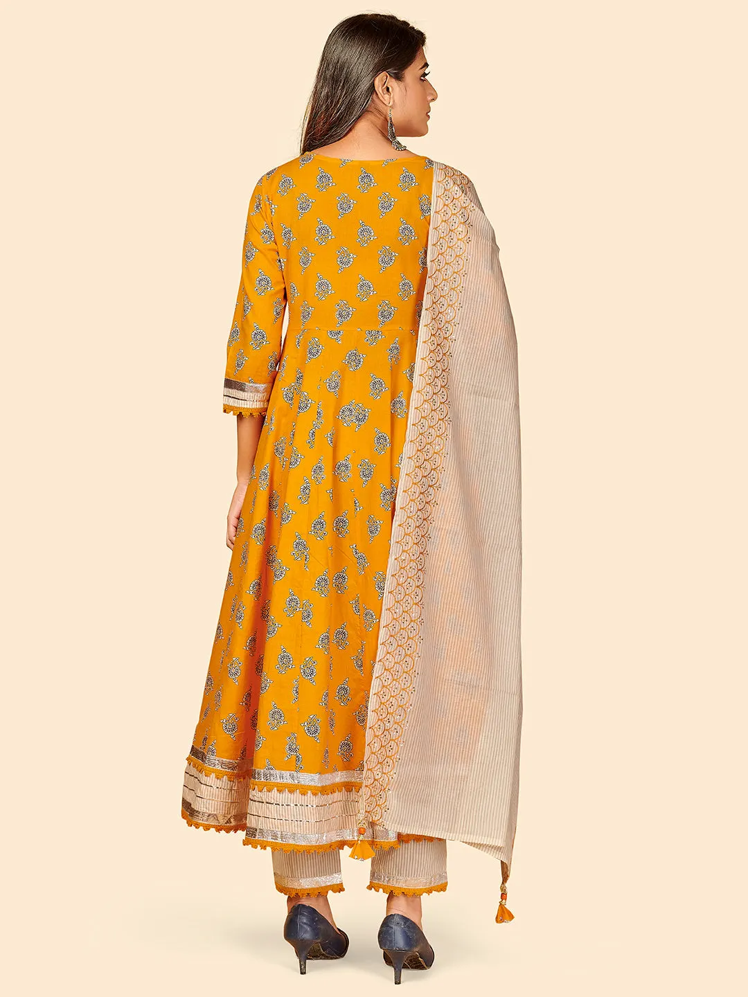 Women'S Printed & Embroidered Anarkali Cotton Yellow Stitched Kurta Pant With Dupatta