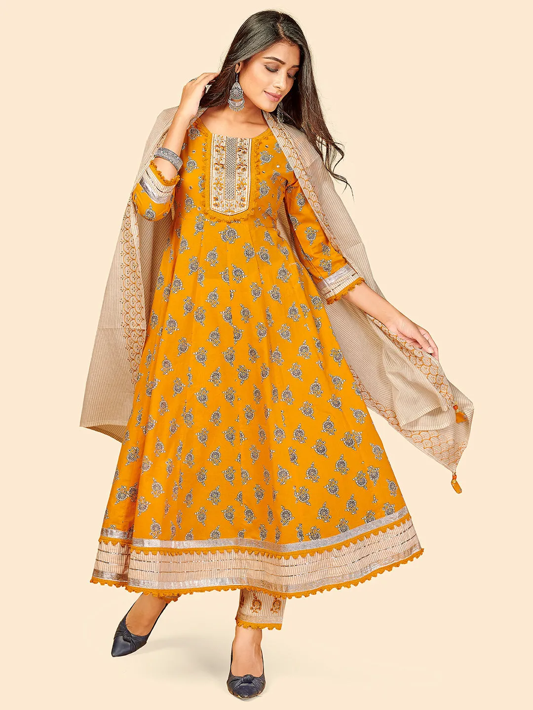 Women'S Printed & Embroidered Anarkali Cotton Yellow Stitched Kurta Pant With Dupatta