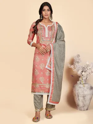 Women'S Printed & Lace Work Straight Rayon Pink Stitched Kurta Pant With Dupatta