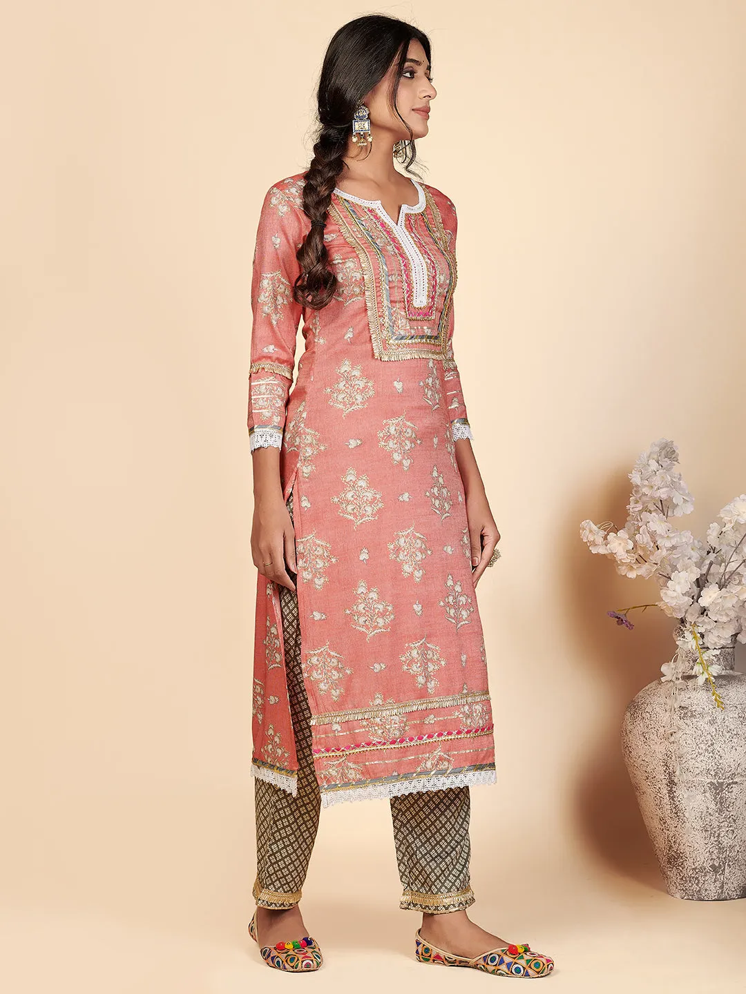 Women'S Printed & Lace Work Straight Rayon Pink Stitched Kurta Pant With Dupatta