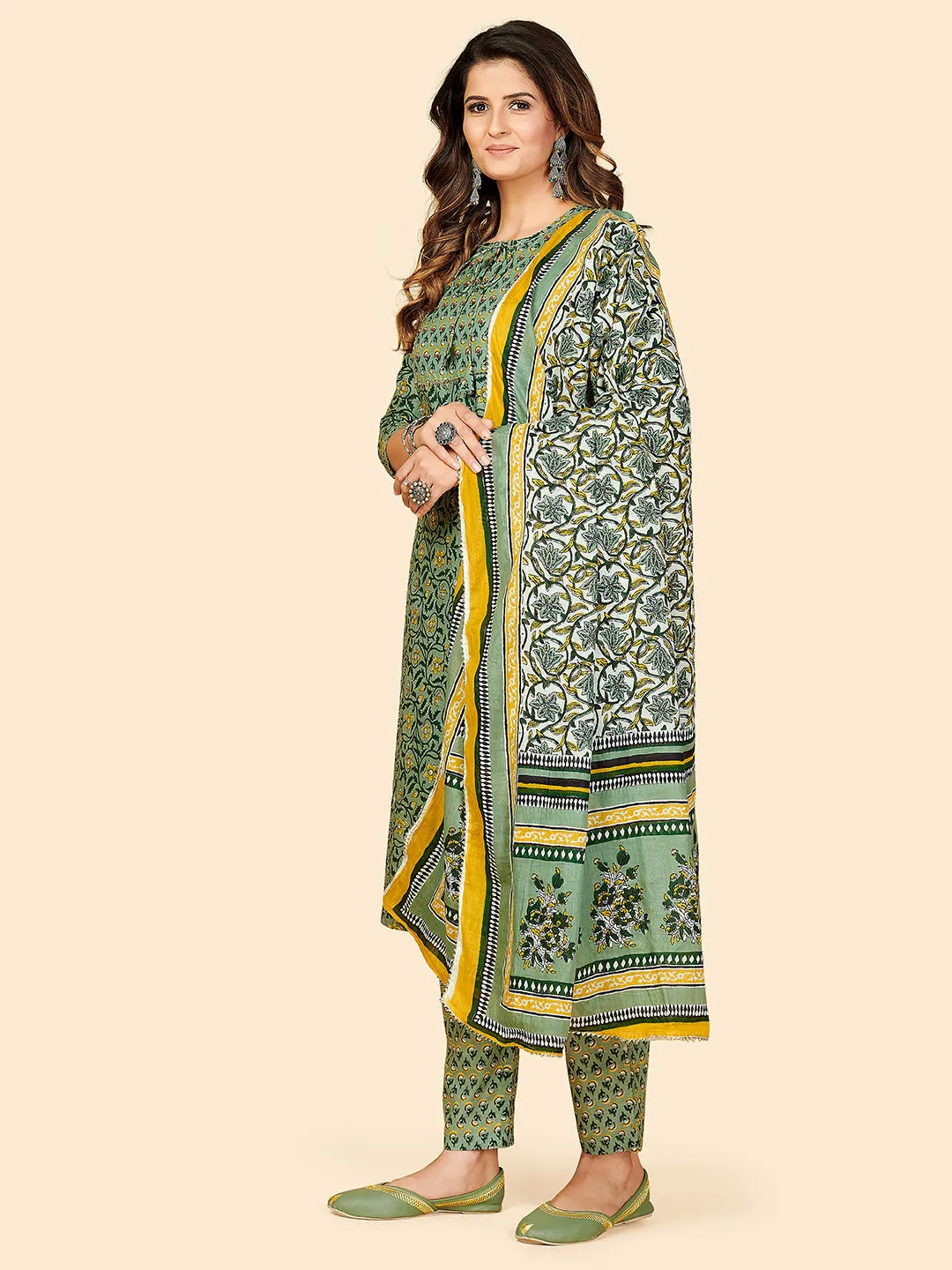 Women'S Printed & Sequience Work Straight Cotton Green Stitched Kurta Pant With Dupatta