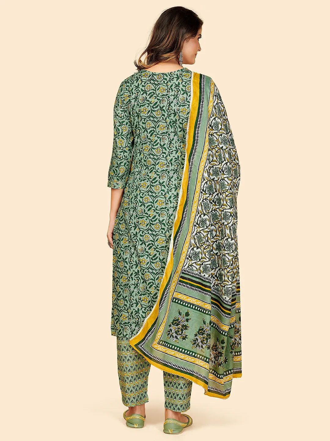 Women'S Printed & Sequience Work Straight Cotton Green Stitched Kurta Pant With Dupatta