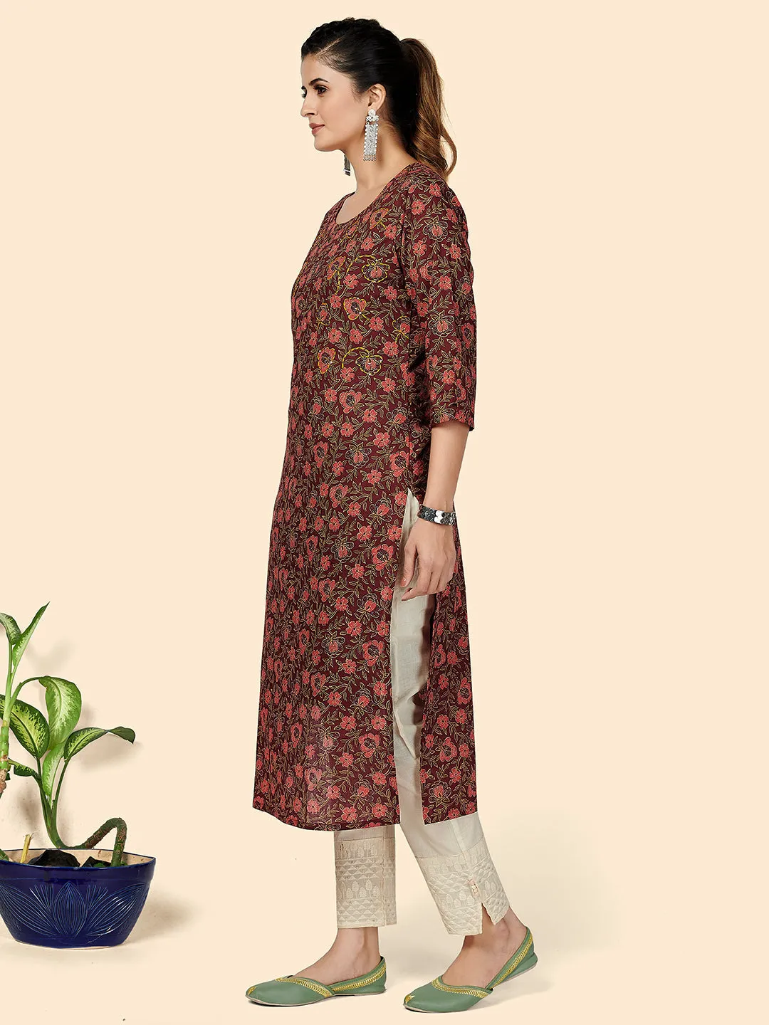 Women'S Printed & Sequience Work Straight Cotton Purple Stitched Kurta