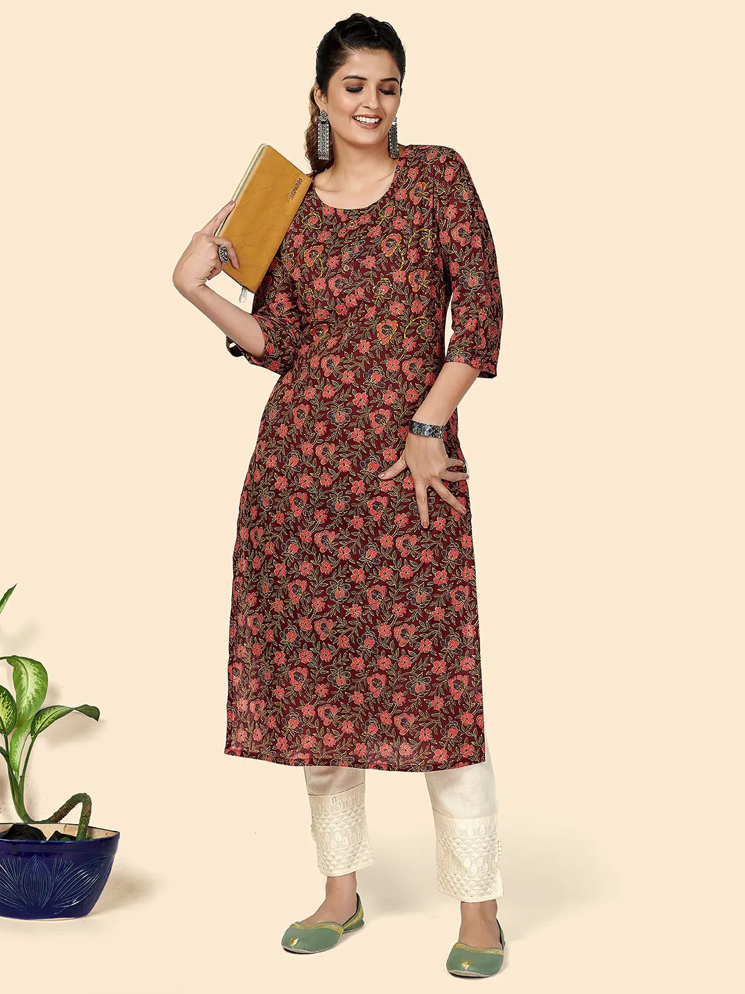 Women'S Printed & Sequience Work Straight Cotton Purple Stitched Kurta