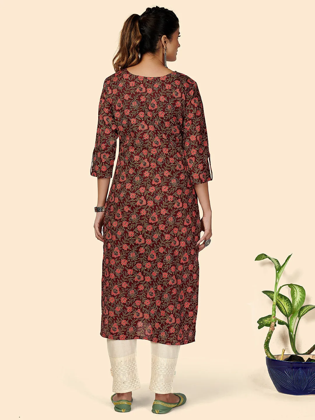 Women'S Printed & Sequience Work Straight Cotton Purple Stitched Kurta