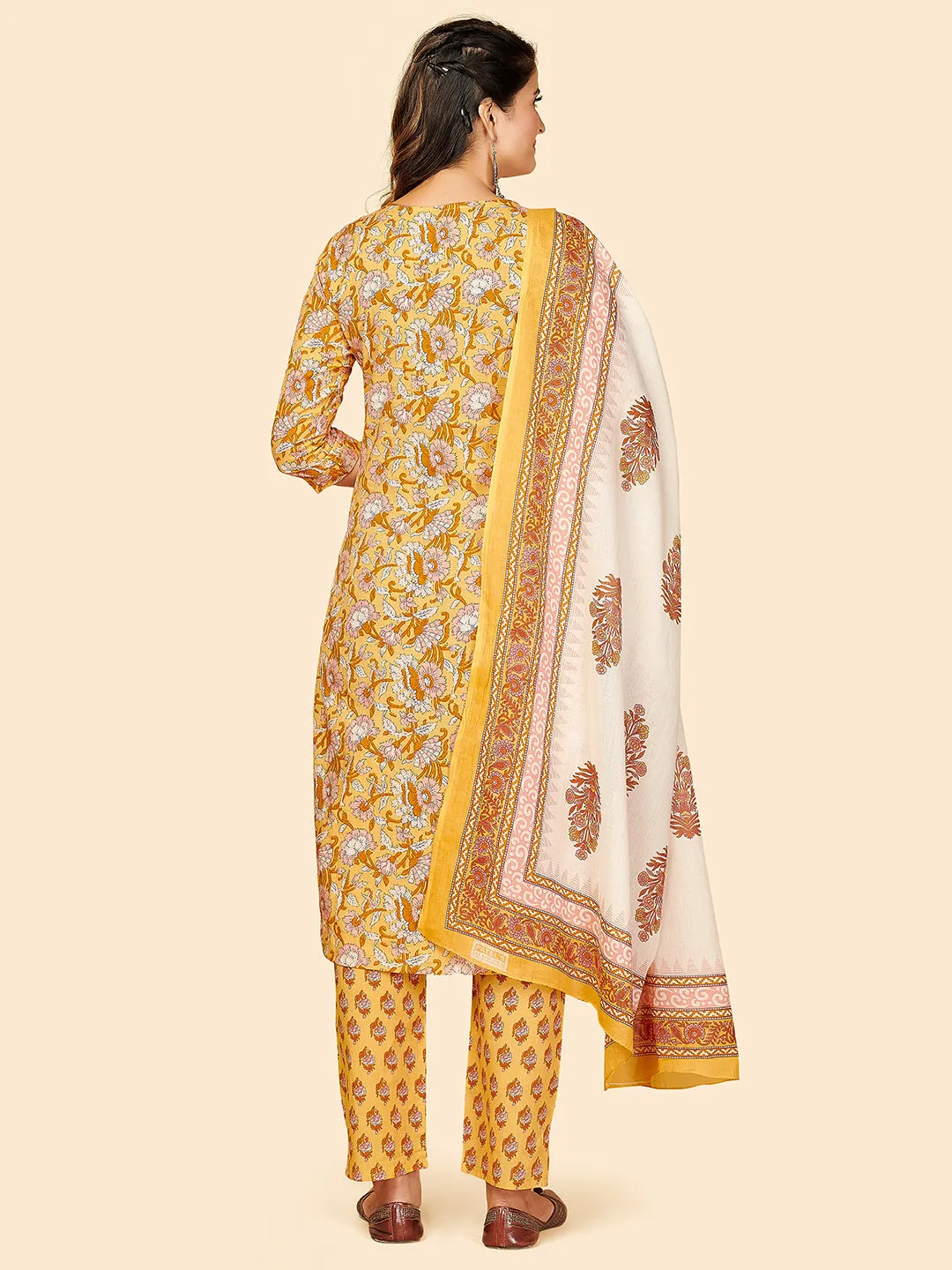 Women'S Printed & Sequience Work Straight Cotton Yellow Stitched Kurta Pant With Dupatta