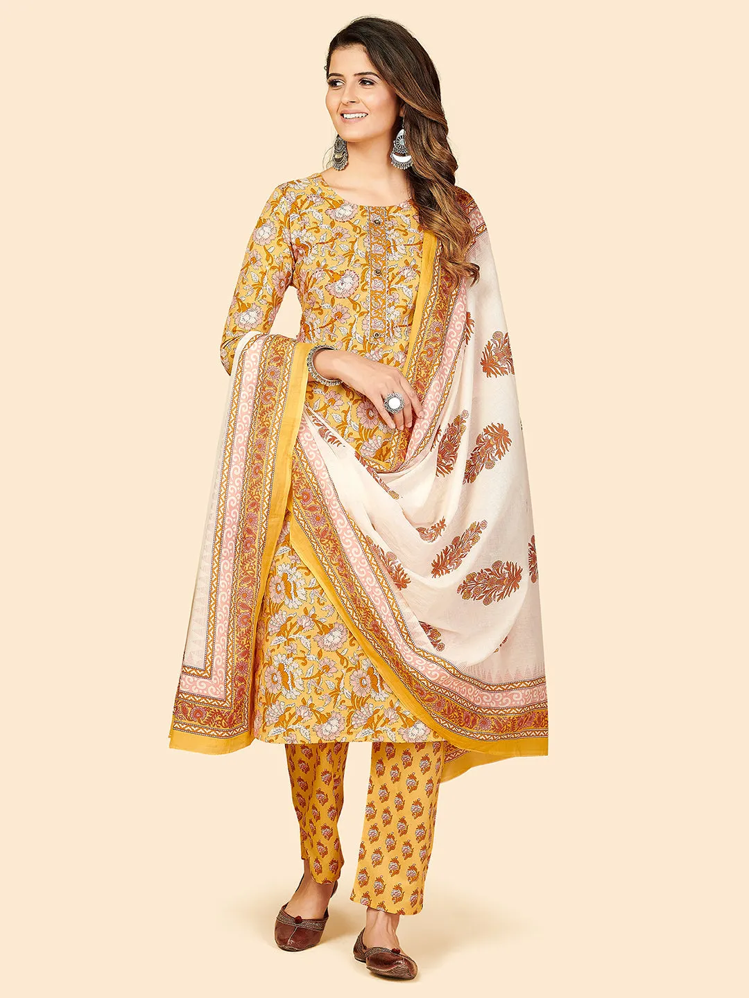 Women'S Printed & Sequience Work Straight Cotton Yellow Stitched Kurta Pant With Dupatta