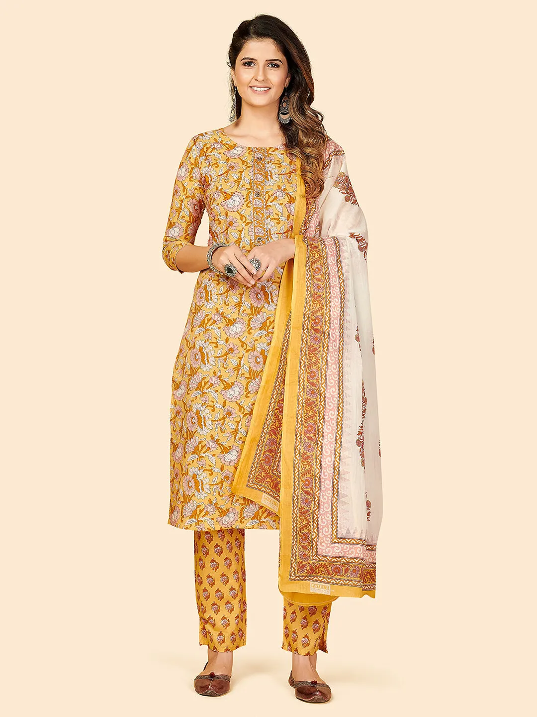 Women'S Printed & Sequience Work Straight Cotton Yellow Stitched Kurta Pant With Dupatta