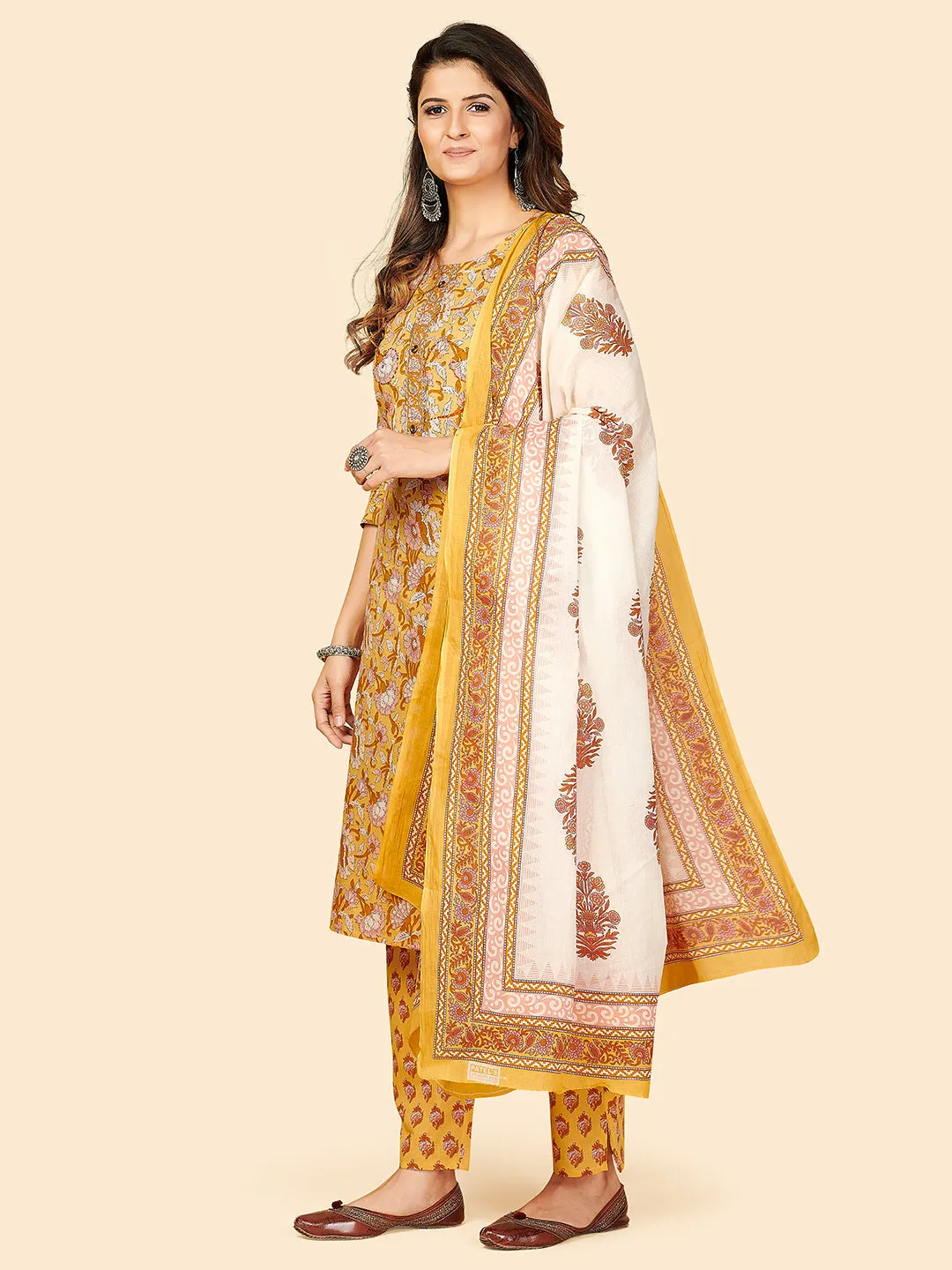 Women'S Printed & Sequience Work Straight Cotton Yellow Stitched Kurta Pant With Dupatta