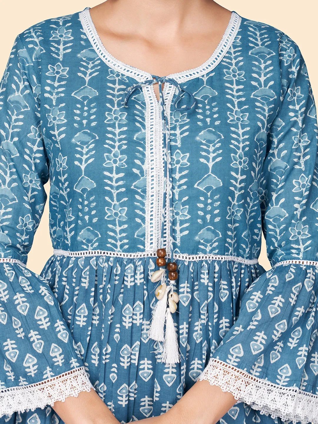 Women'S Printed Flared Cotton Blue Stitched Dress