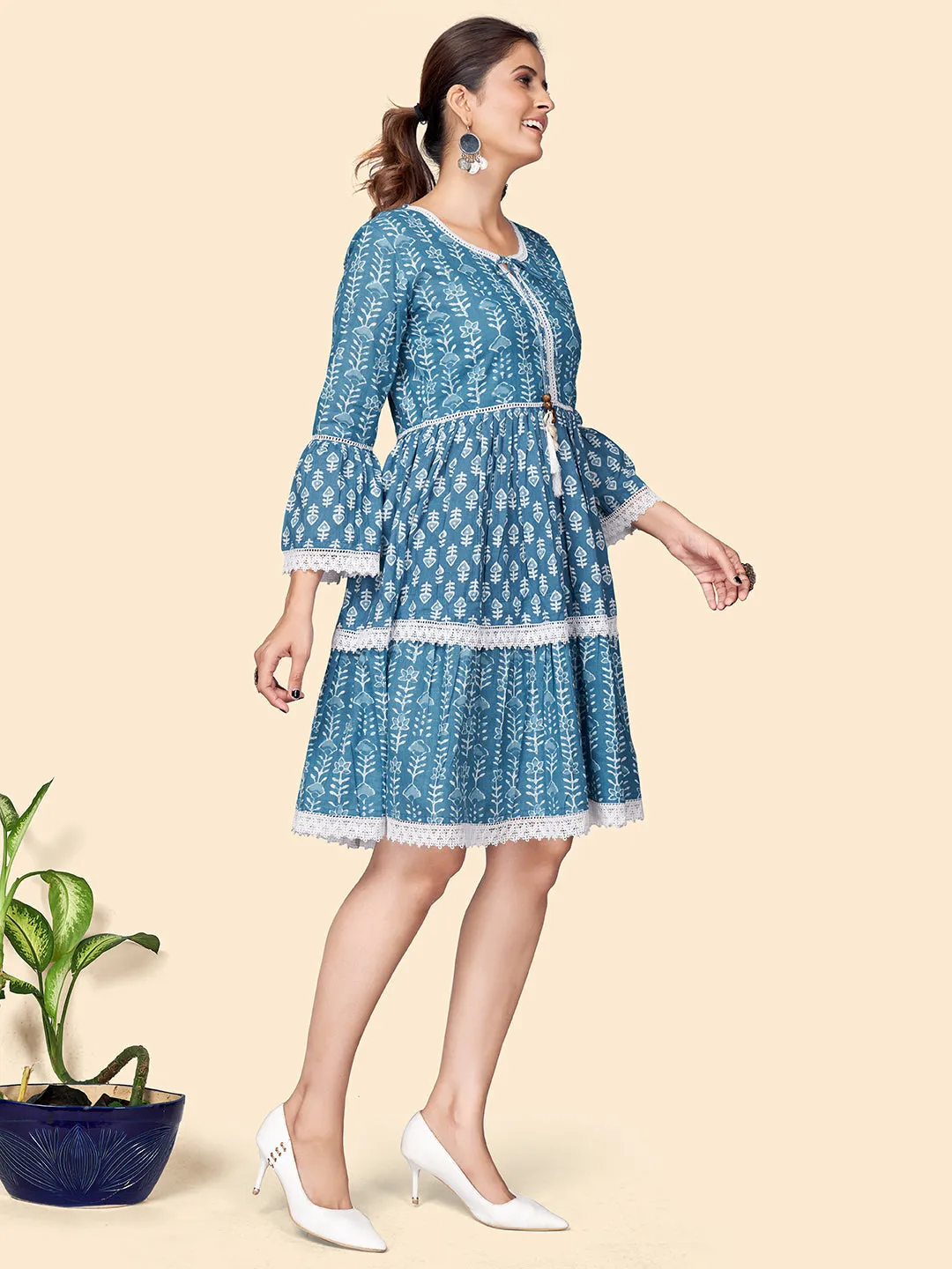 Women'S Printed Flared Cotton Blue Stitched Dress