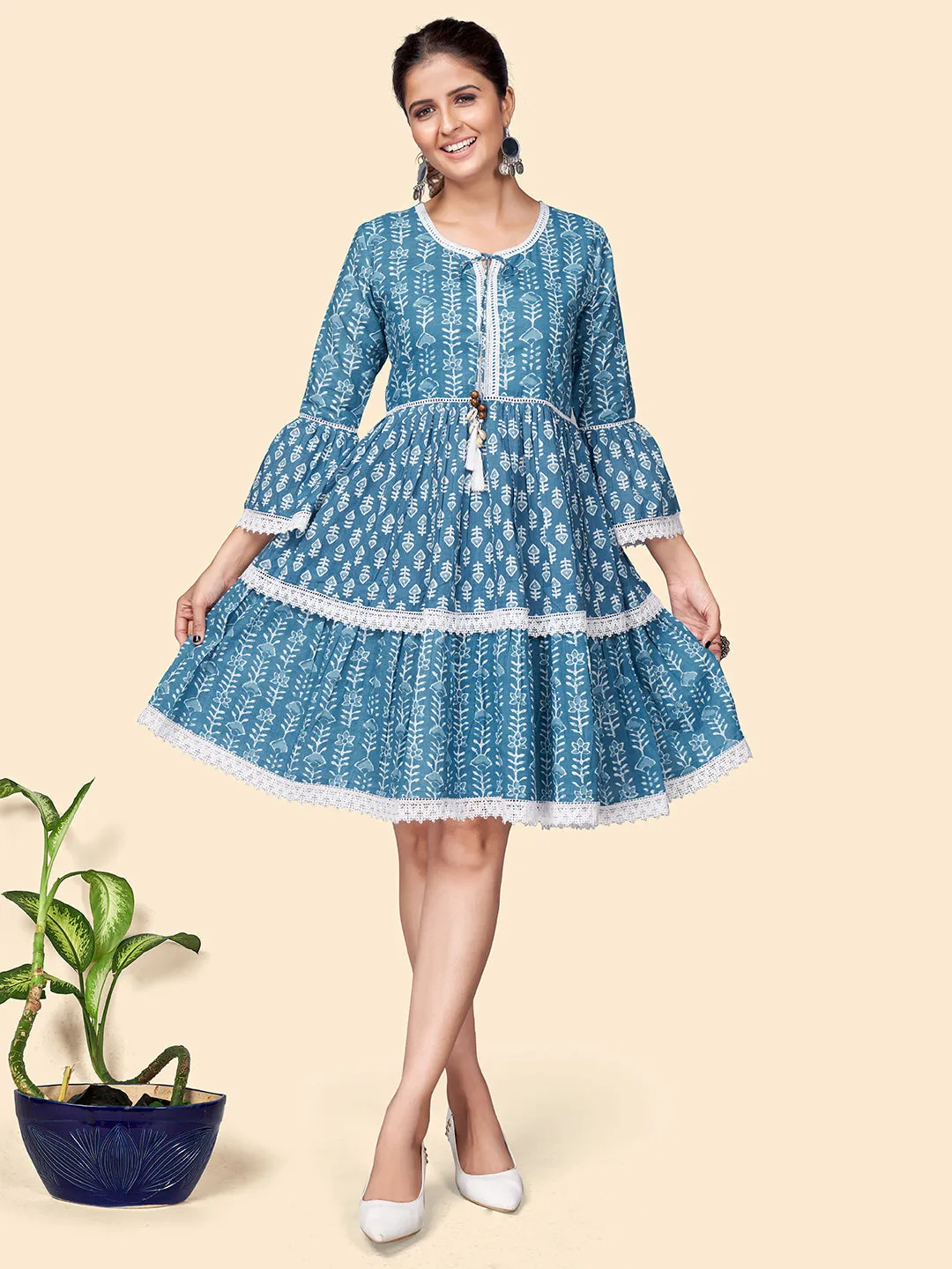 Women'S Printed Flared Cotton Blue Stitched Dress