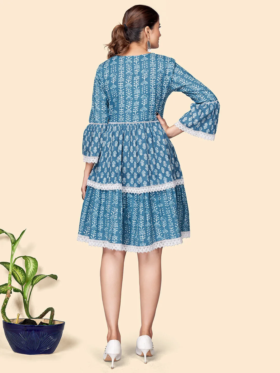 Women'S Printed Flared Cotton Blue Stitched Dress