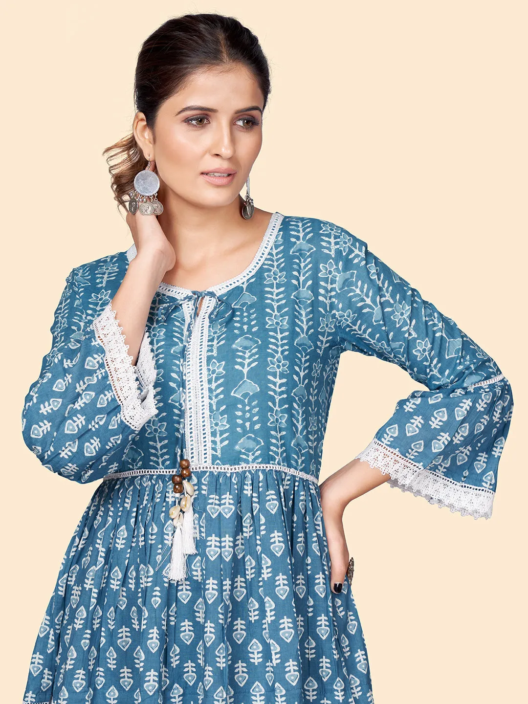 Women'S Printed Flared Cotton Blue Stitched Dress