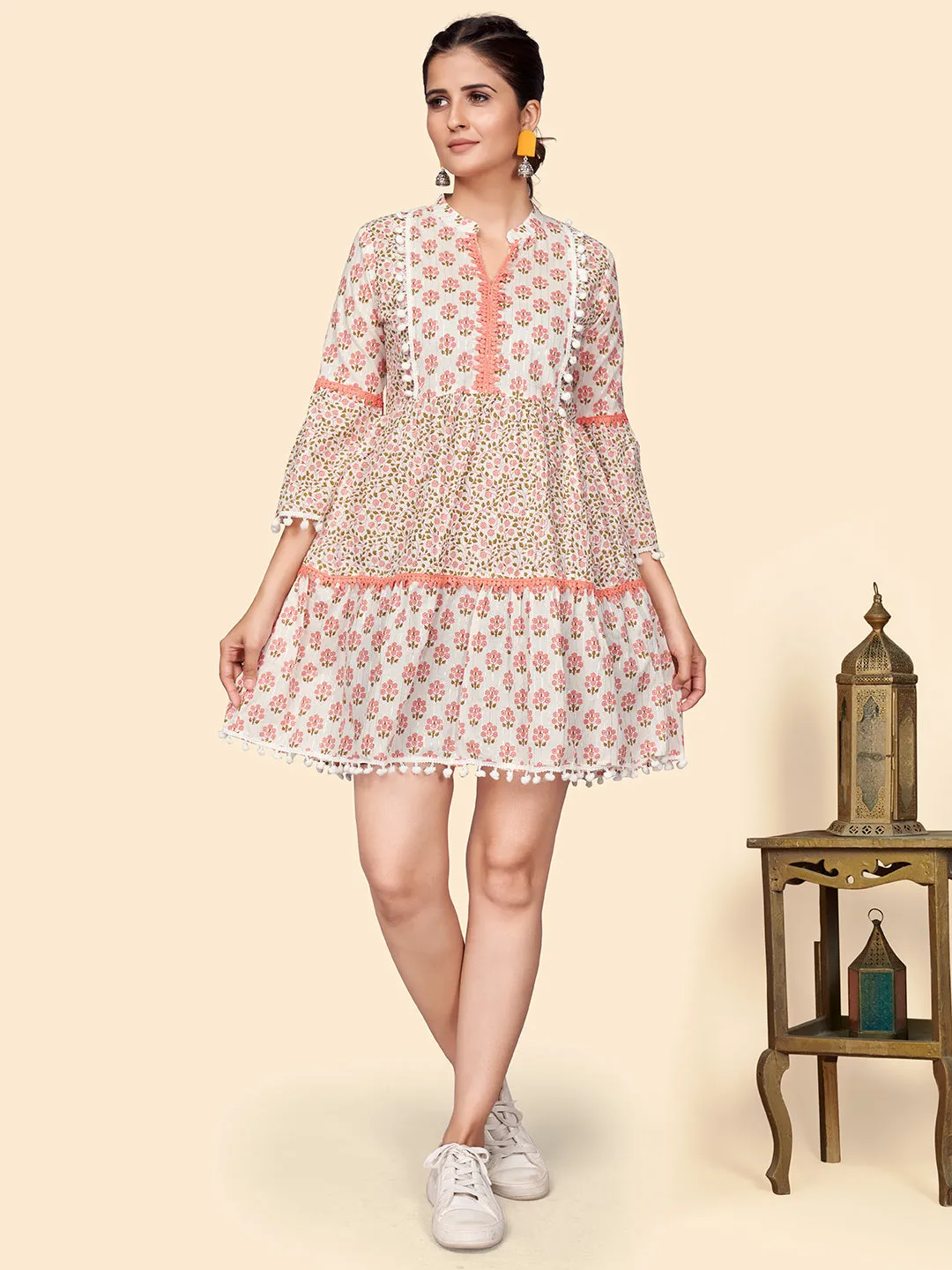 Women'S Printed Flared Cotton Orange Stitched Dress