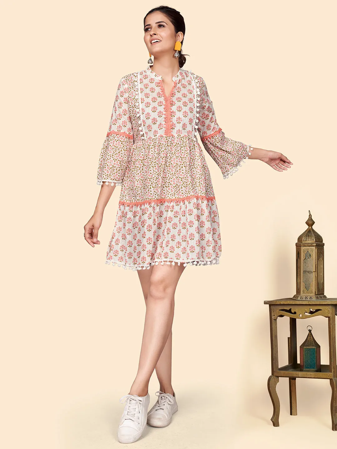 Women'S Printed Flared Cotton Orange Stitched Dress