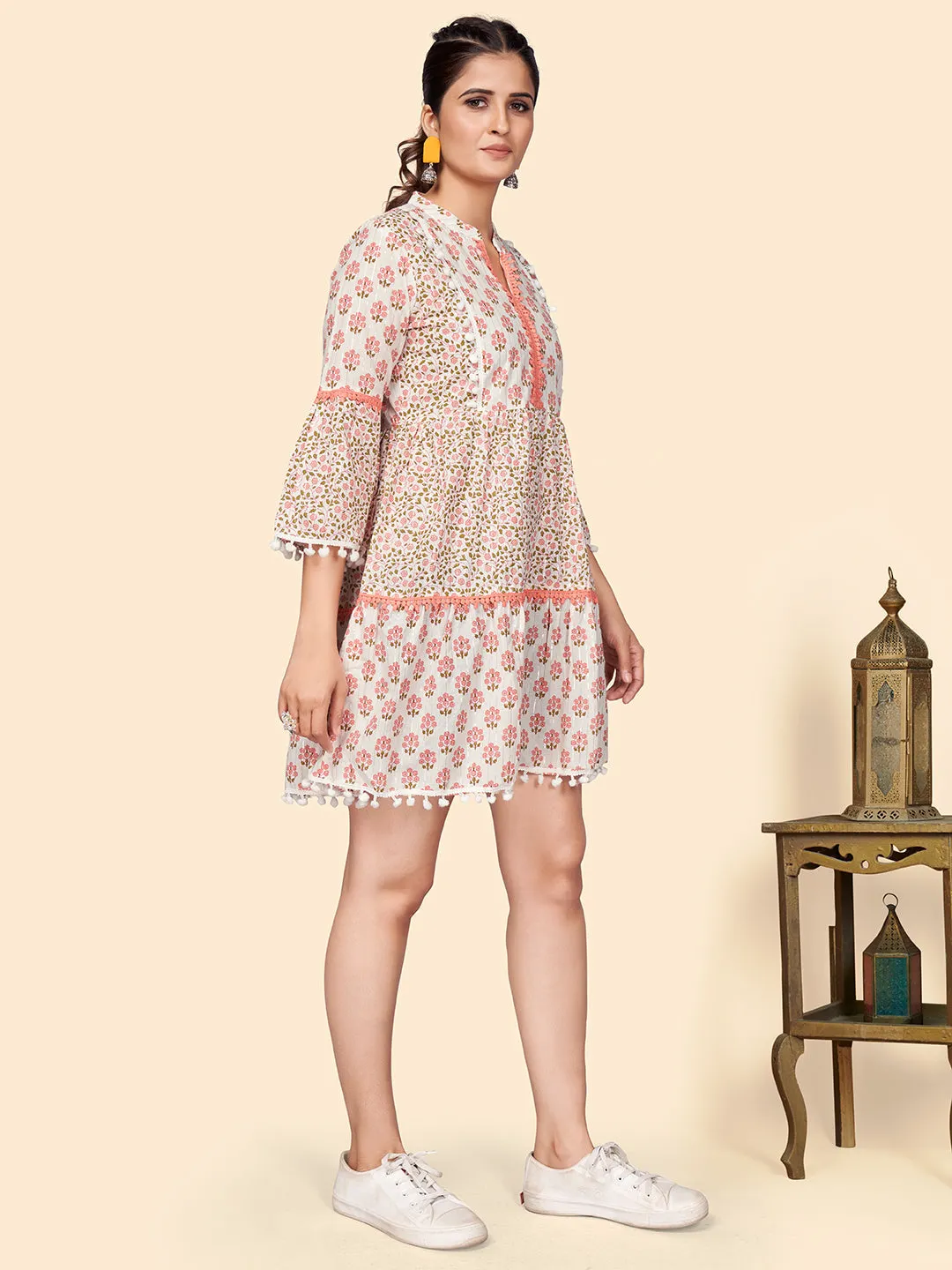 Women'S Printed Flared Cotton Orange Stitched Dress