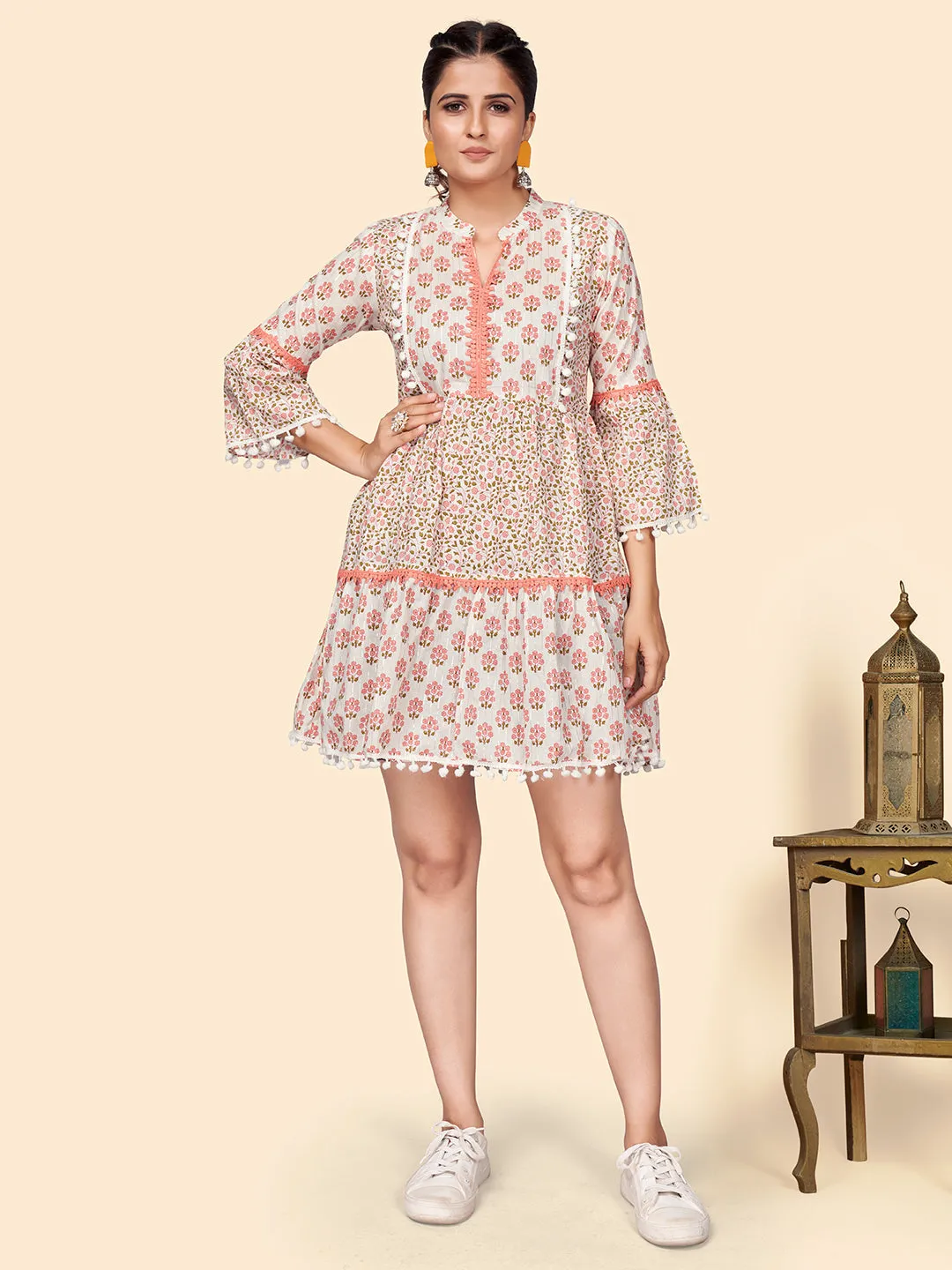 Women'S Printed Flared Cotton Orange Stitched Dress