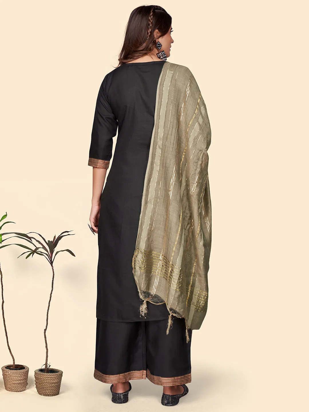 Women'S Printed Straight Cotton Blend Black Stitched Kurta Palazzo With Dupatta