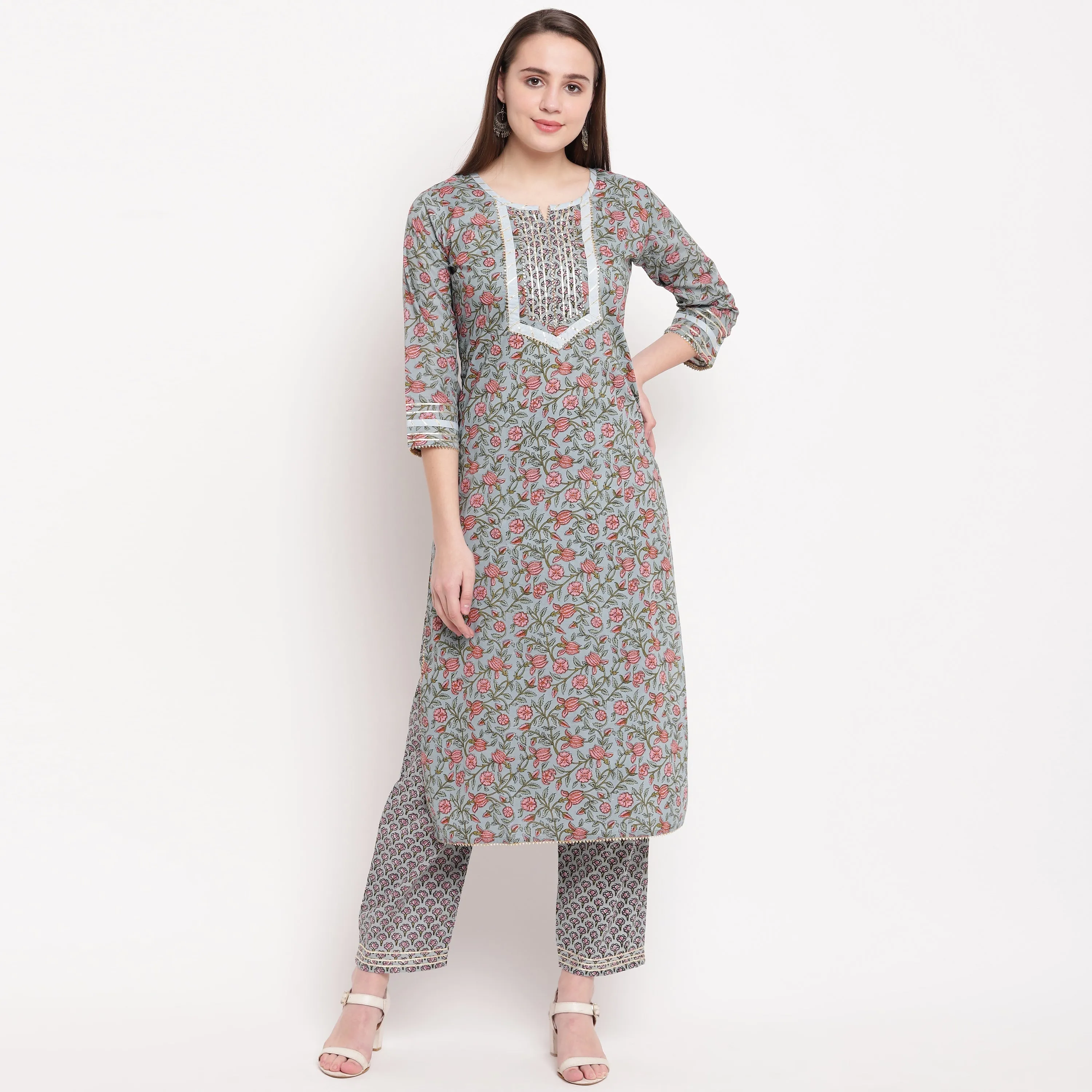 Women'S Printed Straight Cotton Grey Kurti With Pant Set