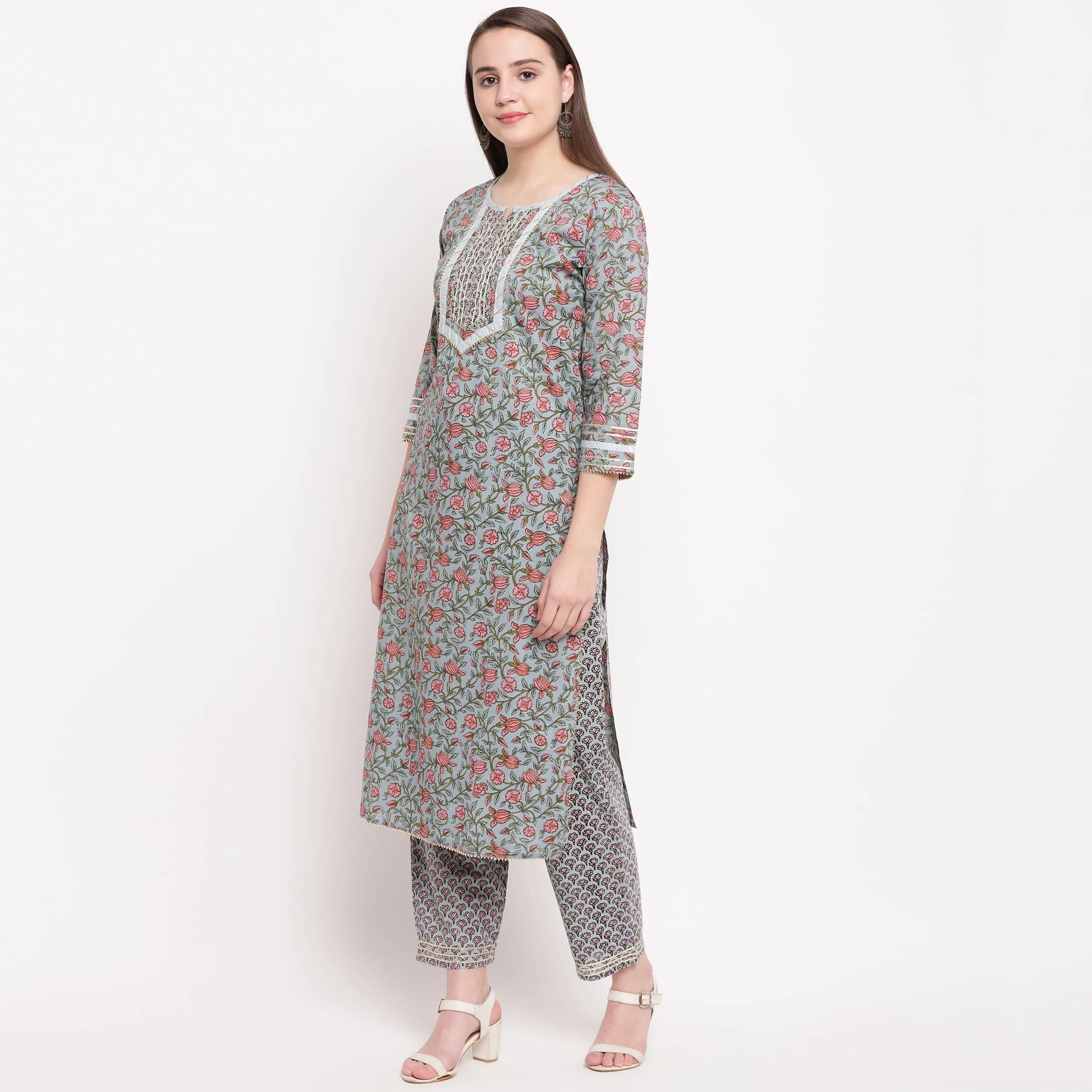 Women'S Printed Straight Cotton Grey Kurti With Pant Set