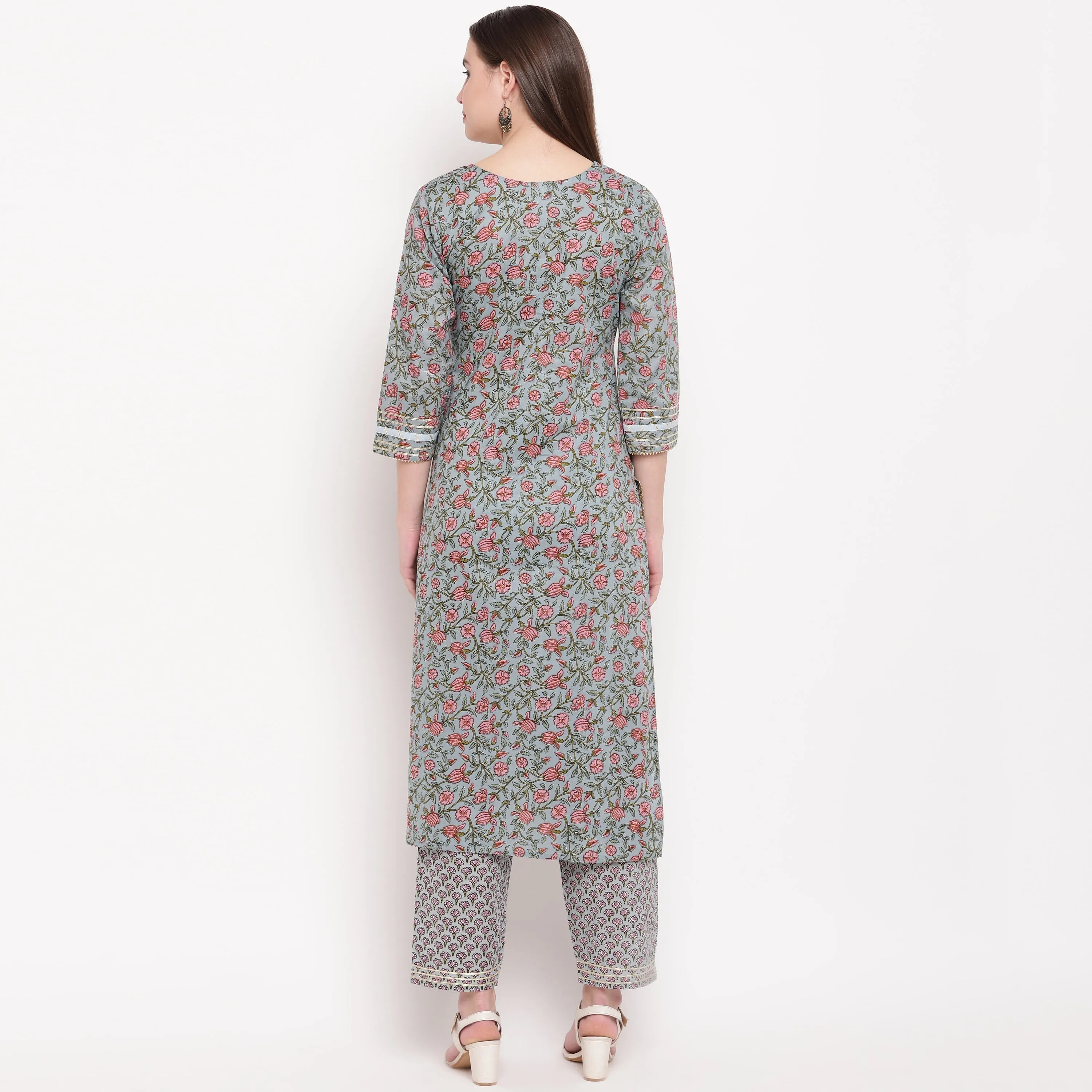 Women'S Printed Straight Cotton Grey Kurti With Pant Set