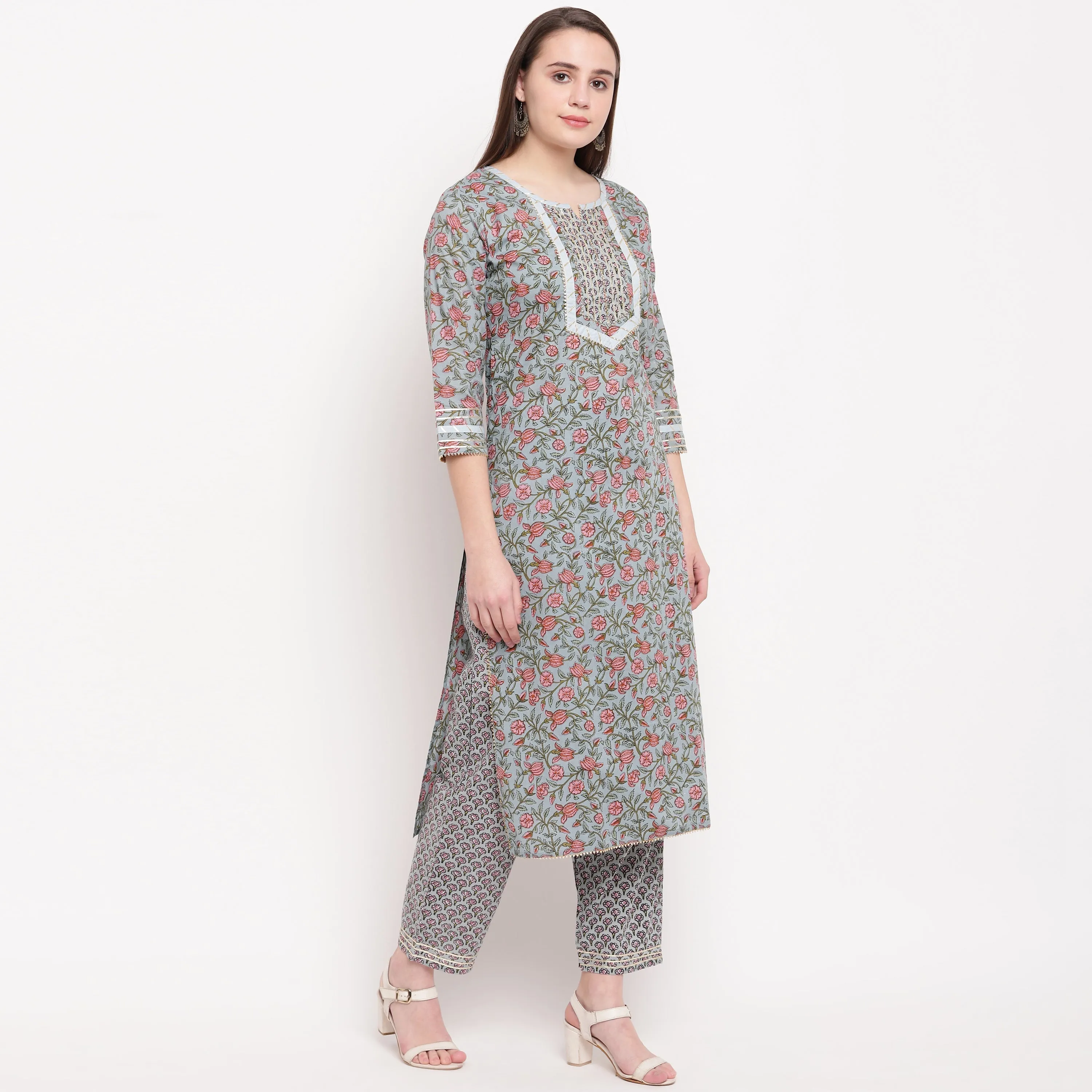 Women'S Printed Straight Cotton Grey Kurti With Pant Set