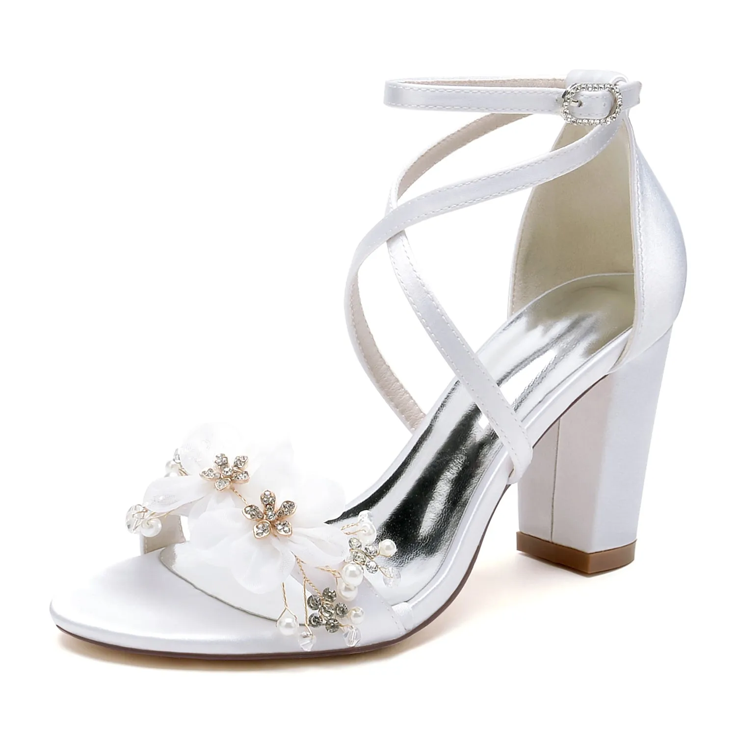 Women's Satin Stiletto Heel Sandals With Flower Wedding Shoes Bridal Shoes