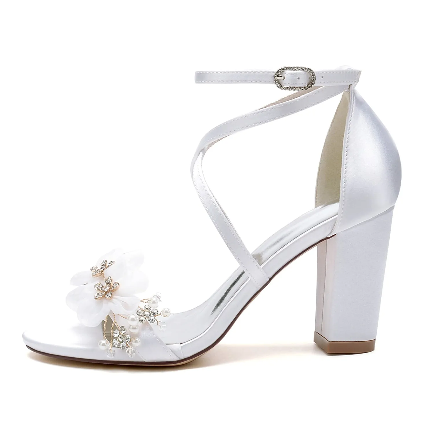 Women's Satin Stiletto Heel Sandals With Flower Wedding Shoes Bridal Shoes