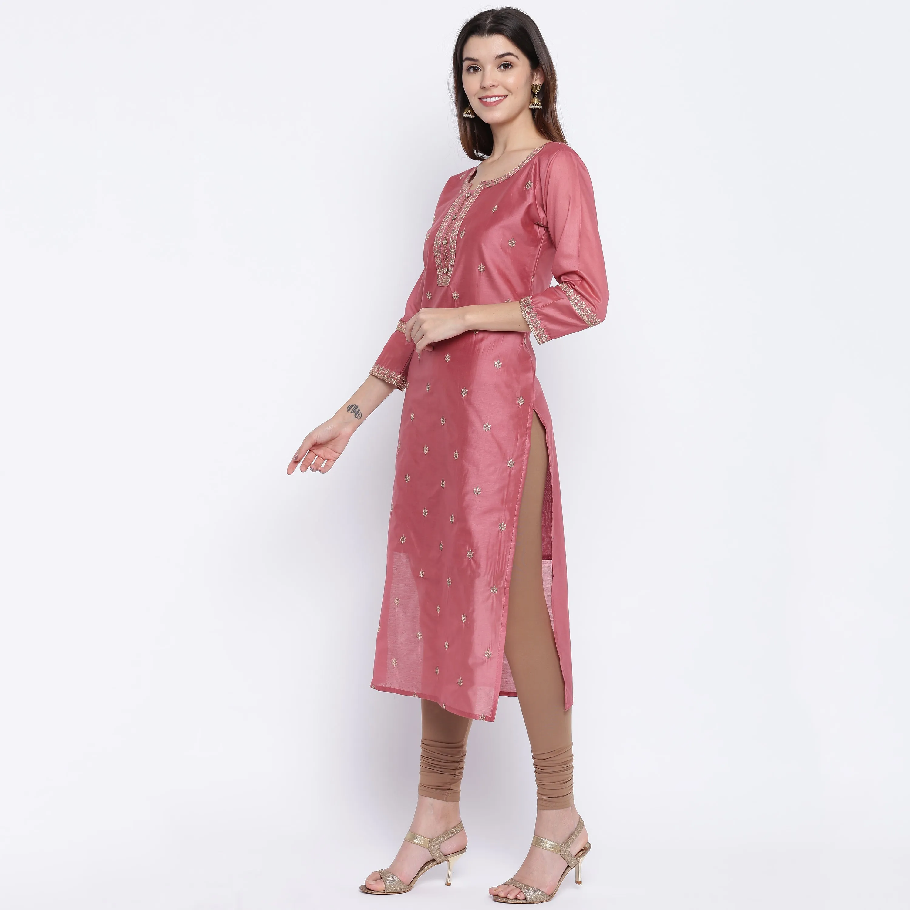 Women'S Sequence Work/Hand Work Straight Chanderi Dark Peach Kurta Only