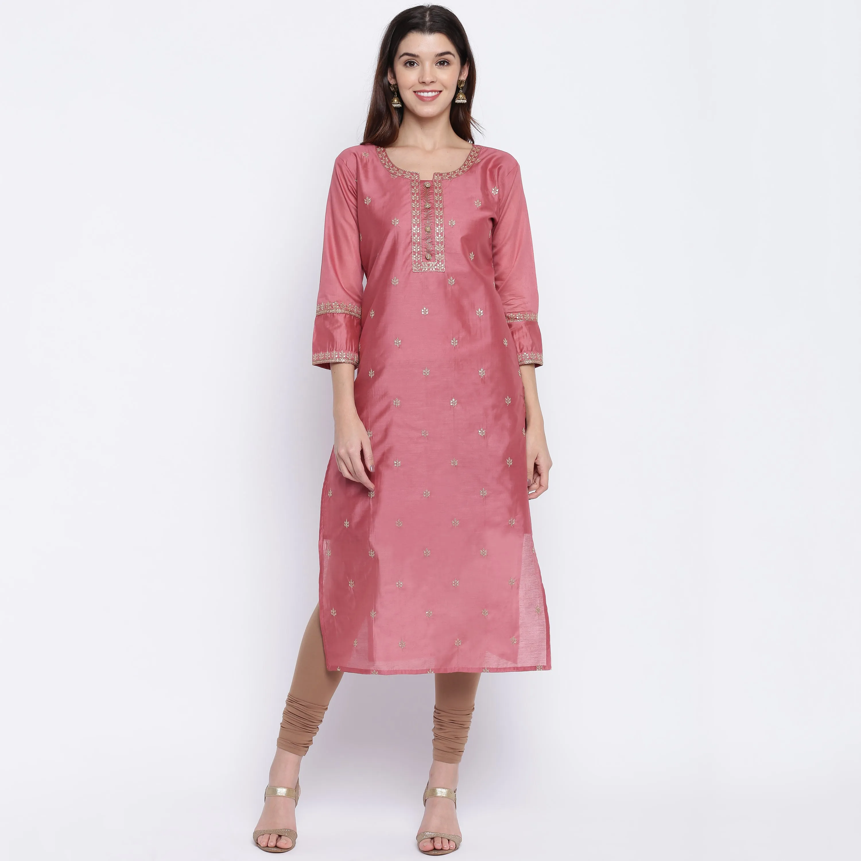 Women'S Sequence Work/Hand Work Straight Chanderi Dark Peach Kurta Only