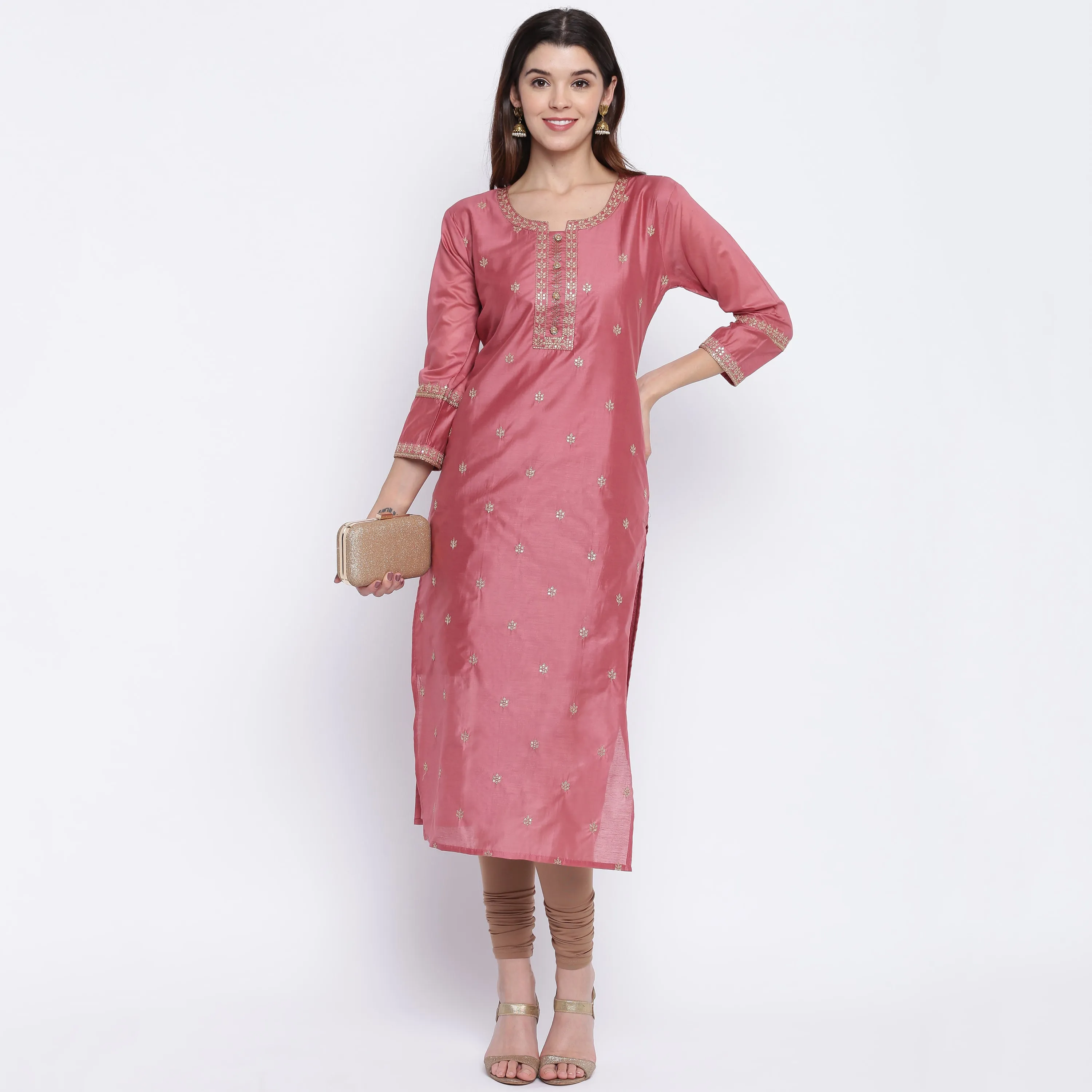 Women'S Sequence Work/Hand Work Straight Chanderi Dark Peach Kurta Only