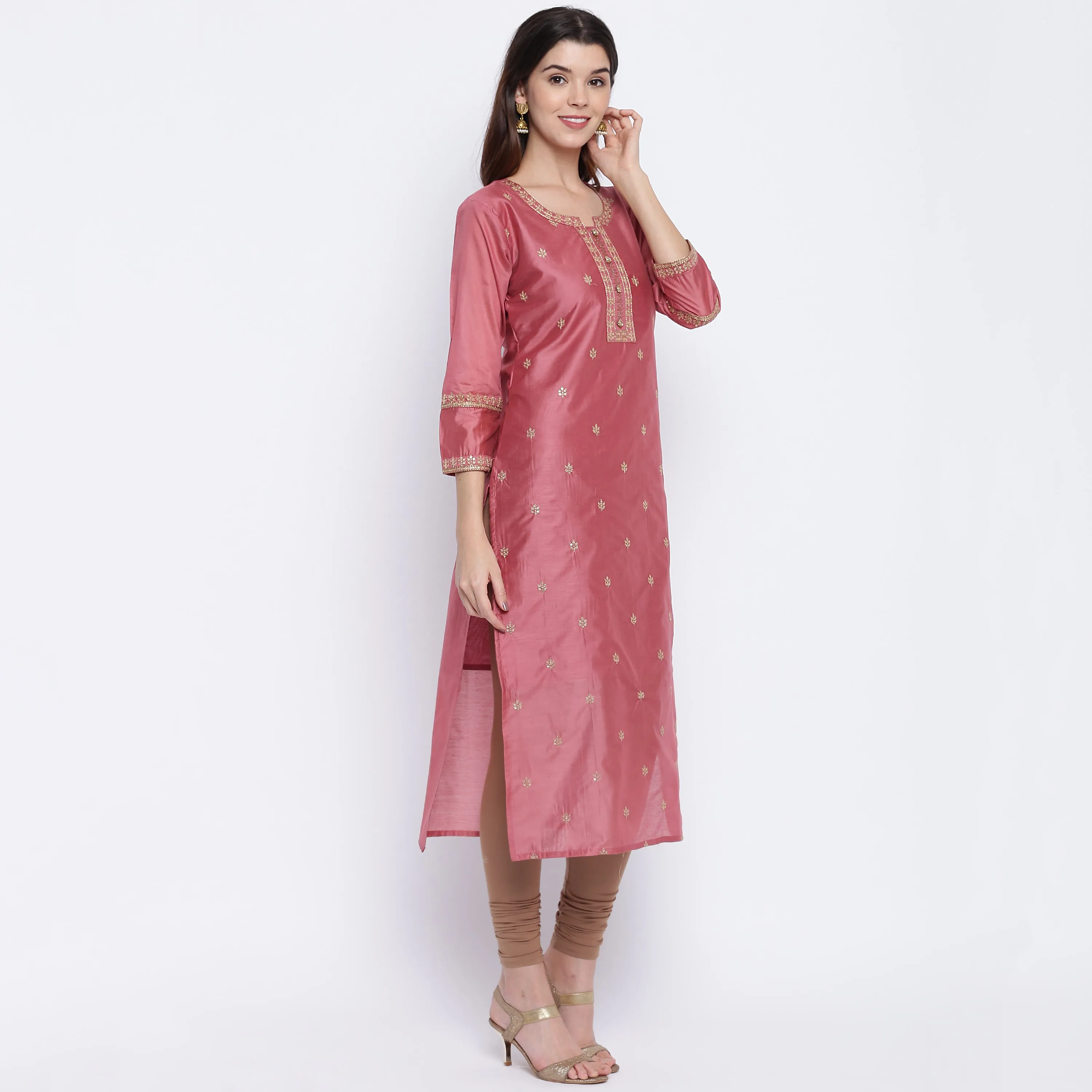 Women'S Sequence Work/Hand Work Straight Chanderi Dark Peach Kurta Only