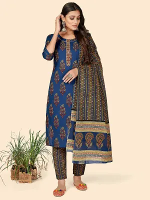 Women'S Sequience Straight Cotton Blue Stitched Kurta Pant With Dupatta