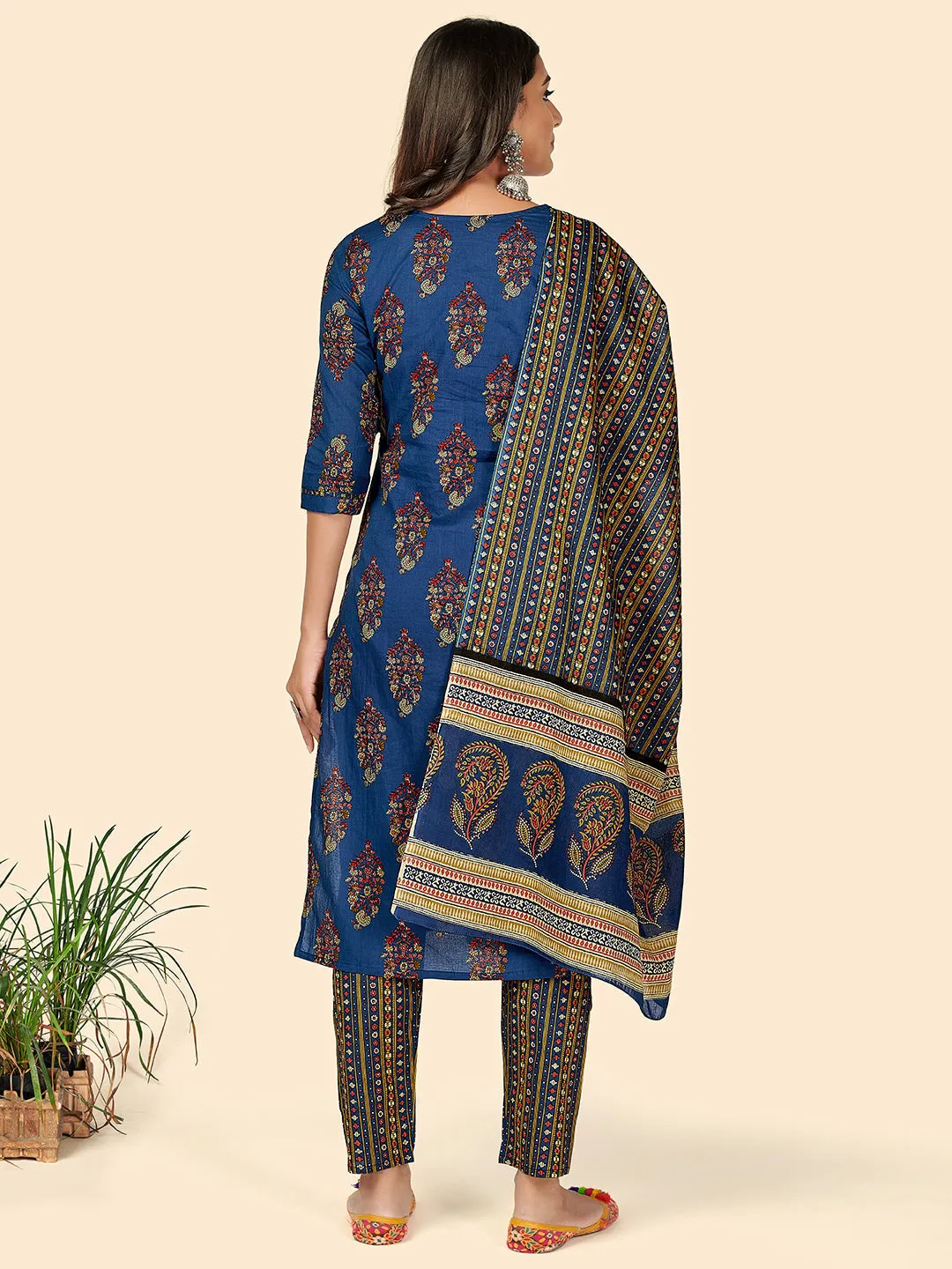 Women'S Sequience Straight Cotton Blue Stitched Kurta Pant With Dupatta