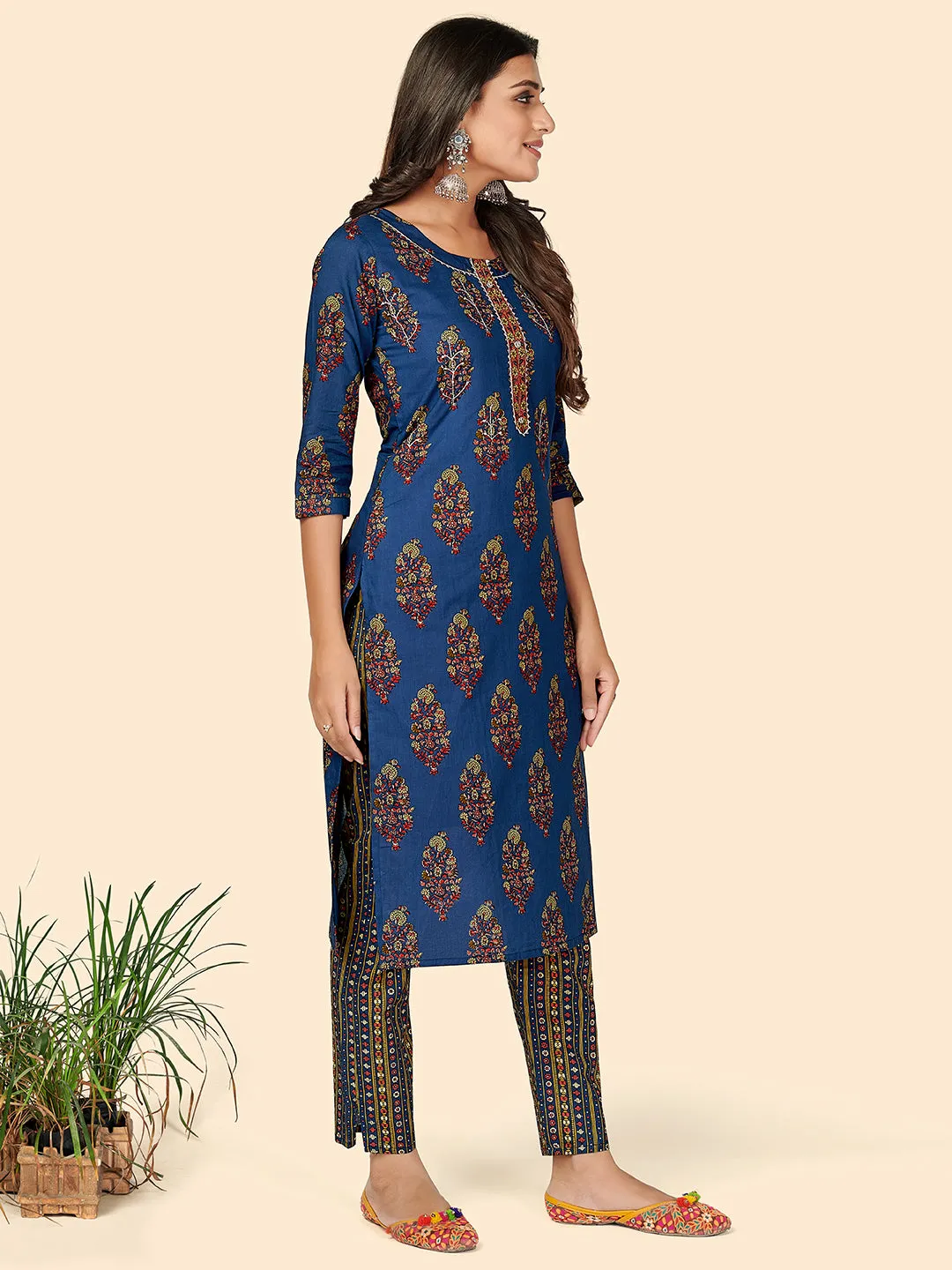 Women'S Sequience Straight Cotton Blue Stitched Kurta Pant With Dupatta