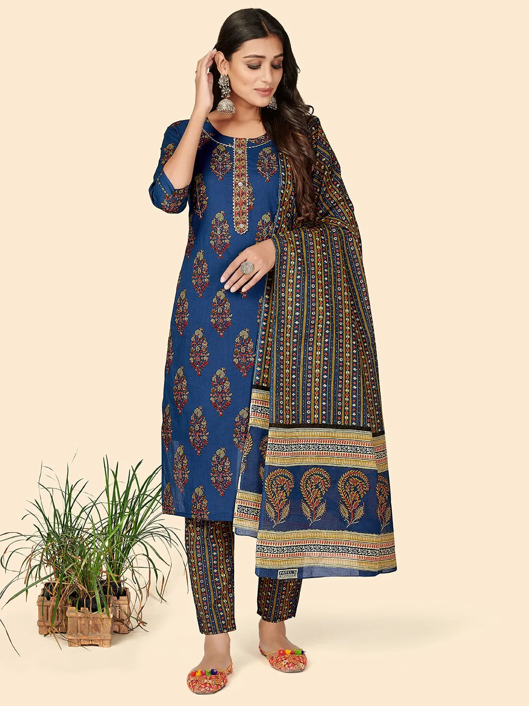 Women'S Sequience Straight Cotton Blue Stitched Kurta Pant With Dupatta