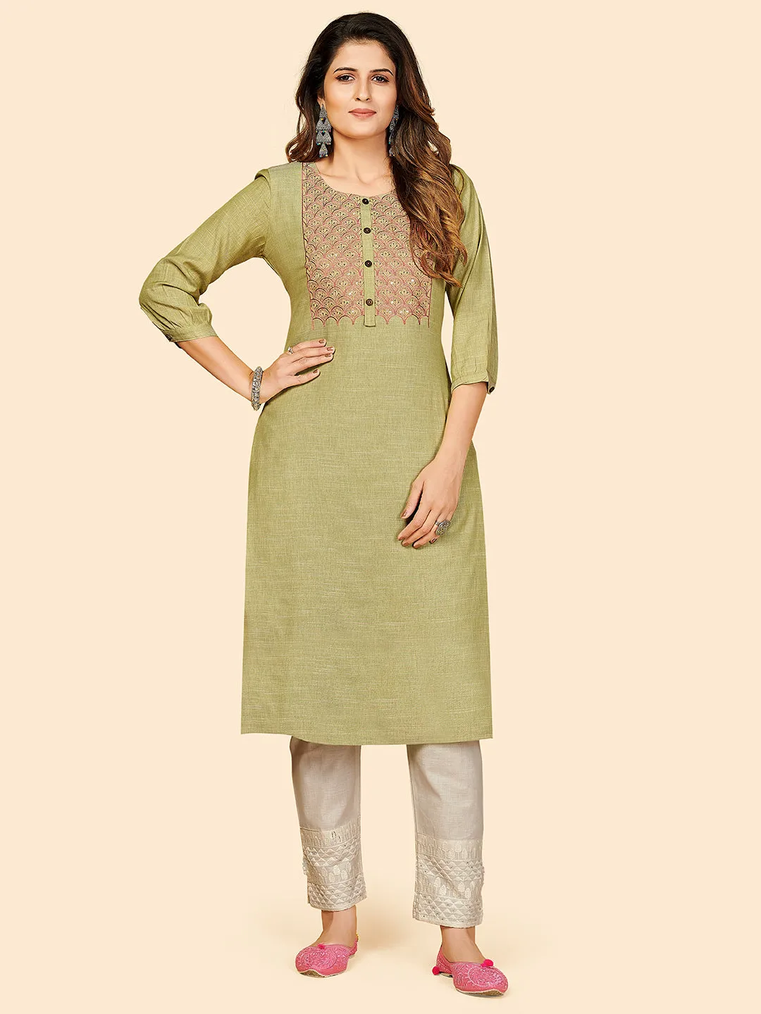 Women'S Solid & Sequience Work Straight Rayon Green Stitched Kurta