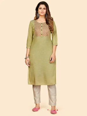 Women'S Solid & Sequience Work Straight Rayon Green Stitched Kurta