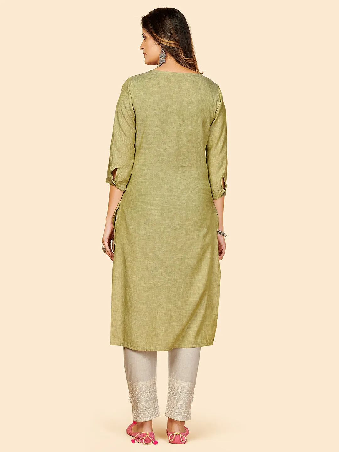 Women'S Solid & Sequience Work Straight Rayon Green Stitched Kurta